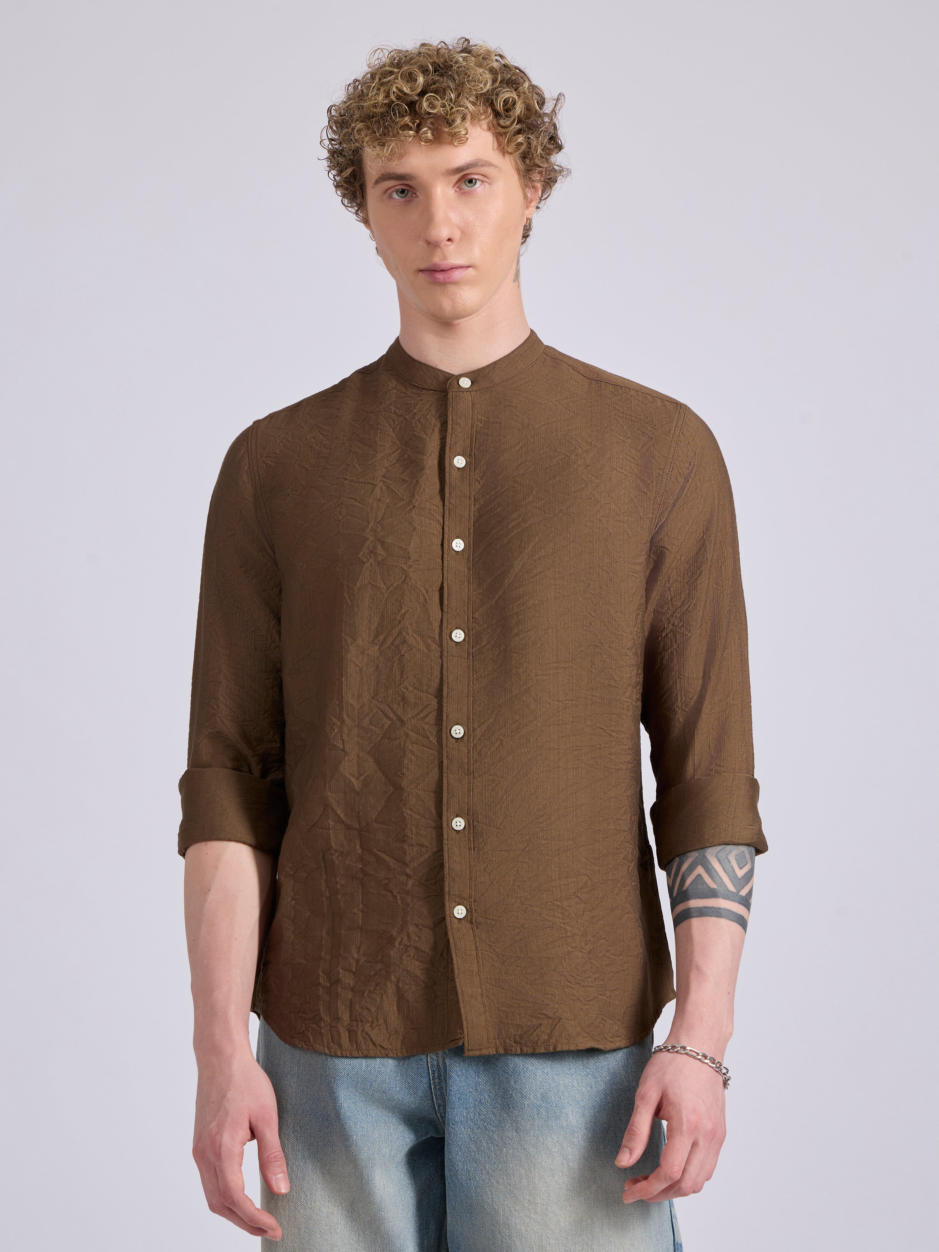 men's Mandarin Collar Plain Shirt -dark khakhi