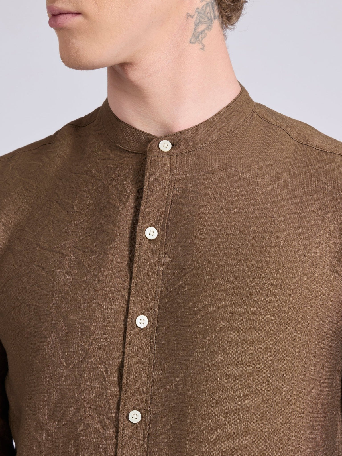 Pryor - Band Collar Plain Shirt - Dark Khaki - Espanshe