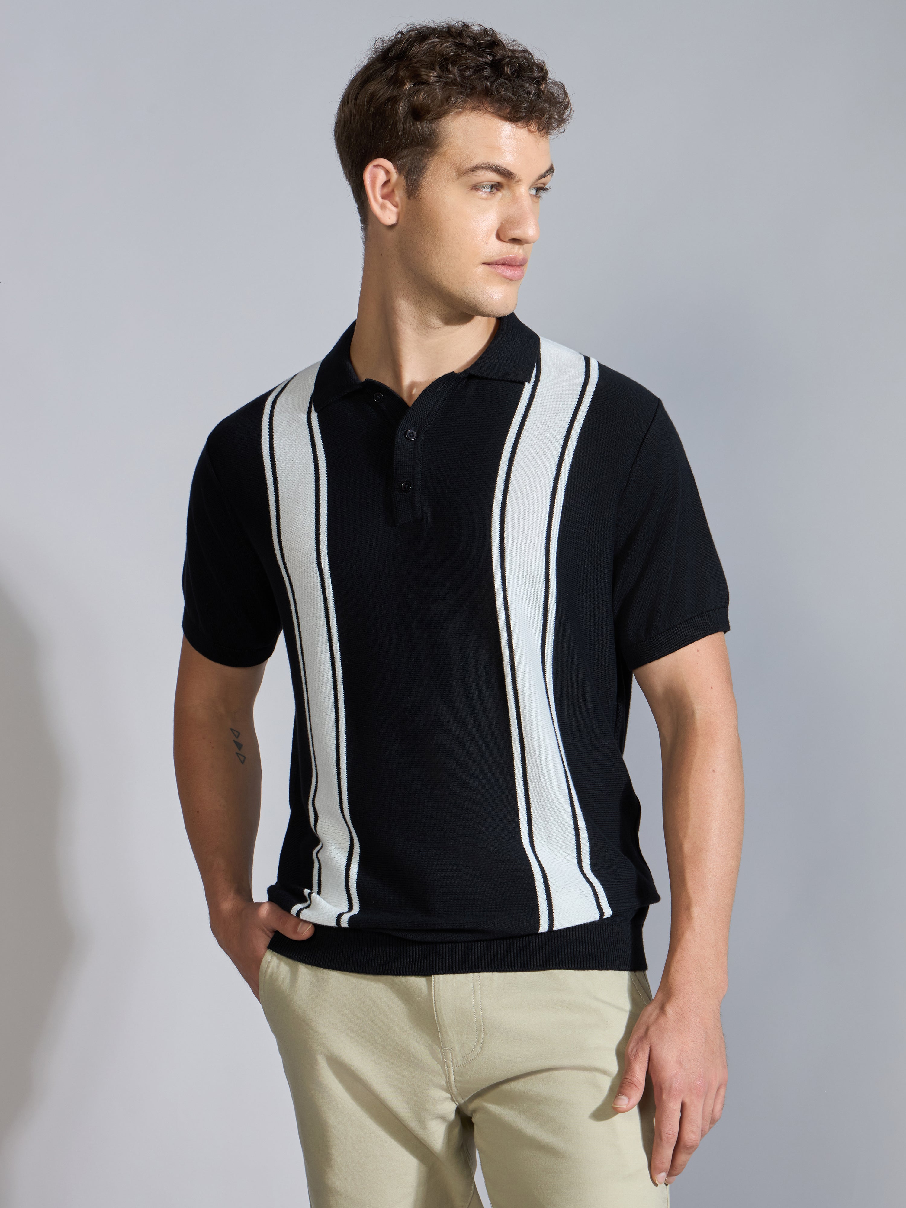 Men's Regular Fit Vertical Stripe Knit Polo T-Shirt in black