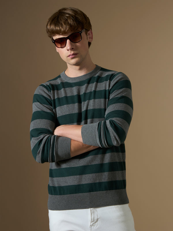 mens fullsleeve stripped sweater tee in green