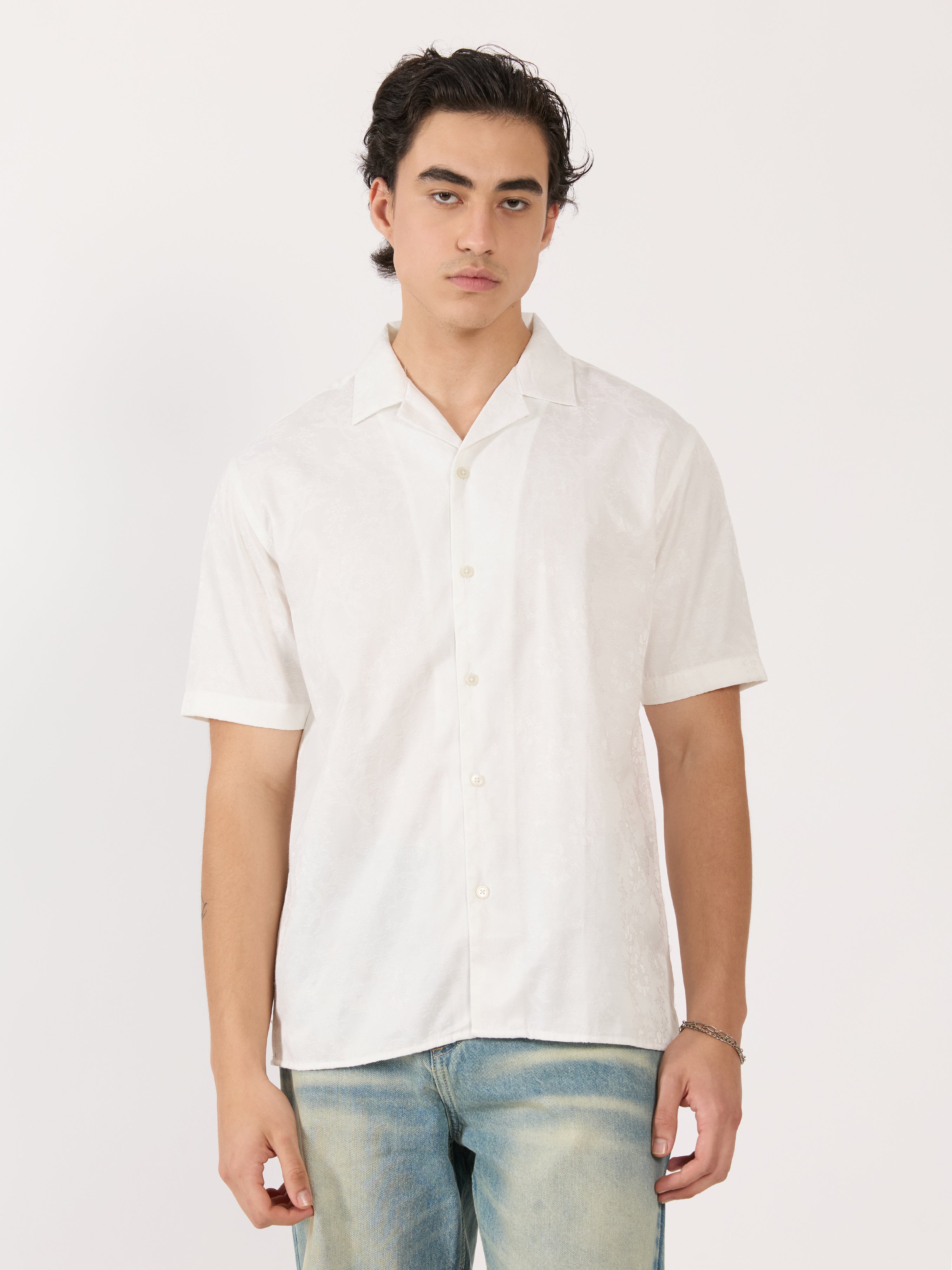 Men's Embroidered Cuban Collar Shirt - white