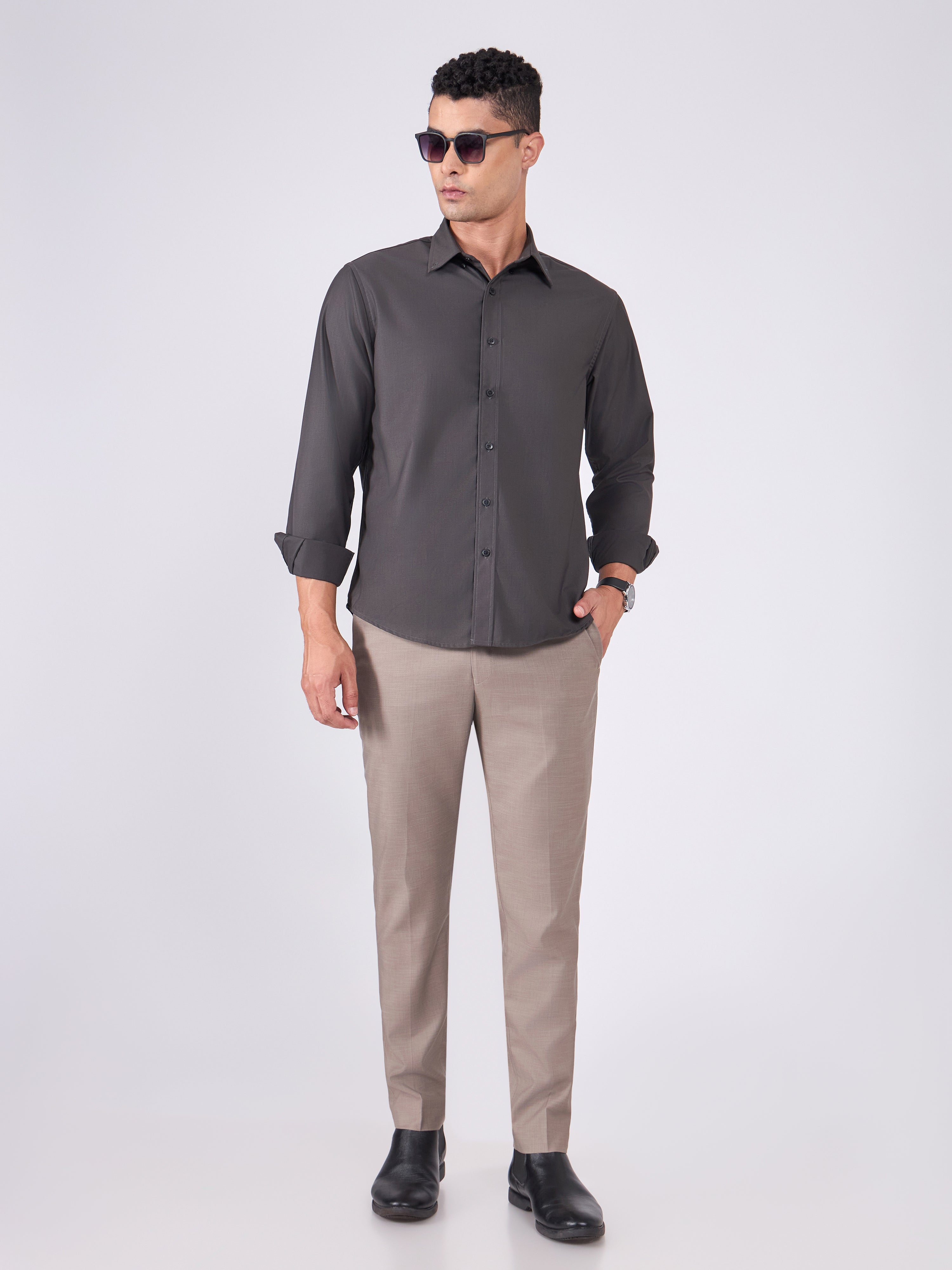 Man wearing Tencel Plain Shirt in  Dark olive.