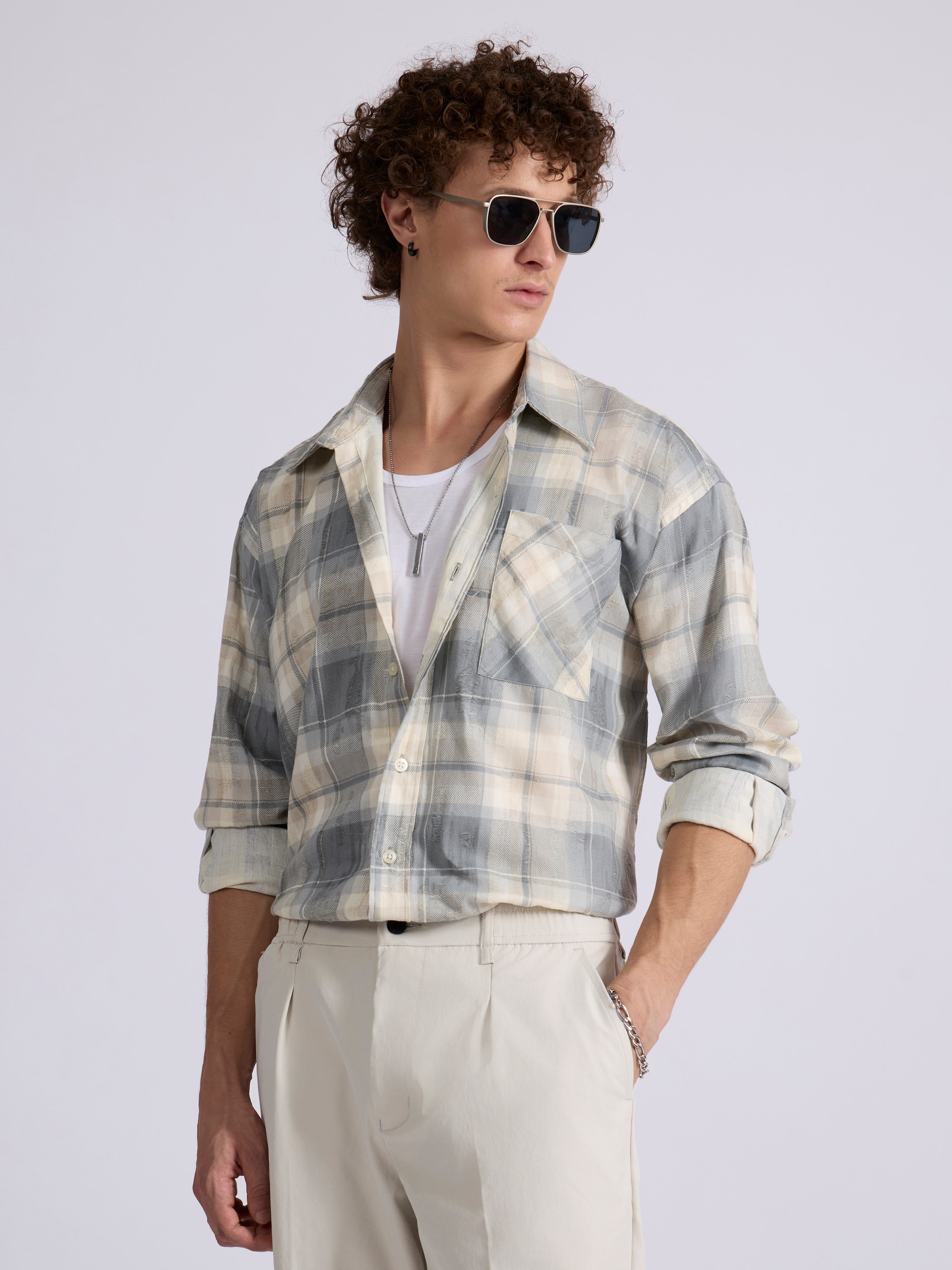 Talbot - Drop Shoulder Checks Shirt - Grey