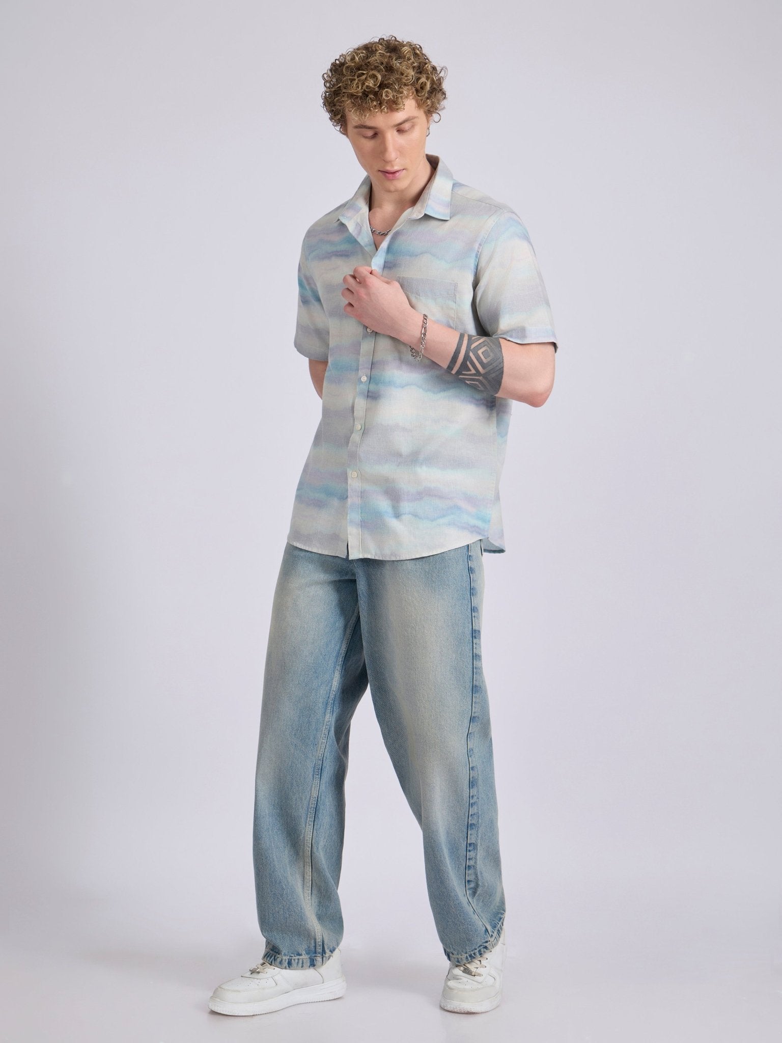 Lucius - Printed Half Sleeve Shirt - Light Blue - Espanshe