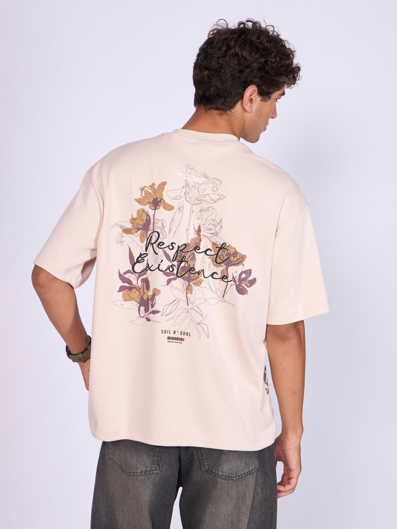 Trace - Respect Existence Printed Loose Fit T-Shirt - Cream - Espanshe