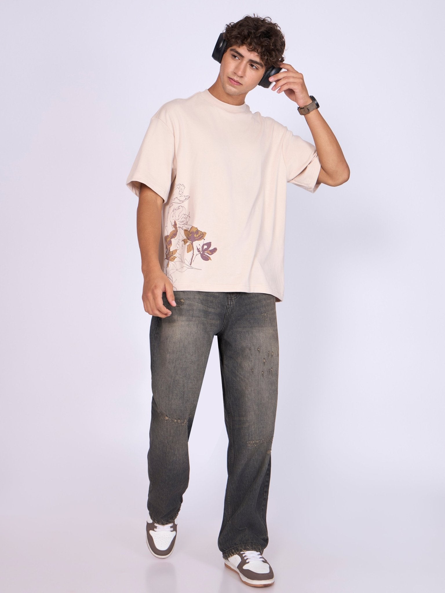 Trace - Respect Existence Printed Loose Fit T-Shirt - Cream - Espanshe