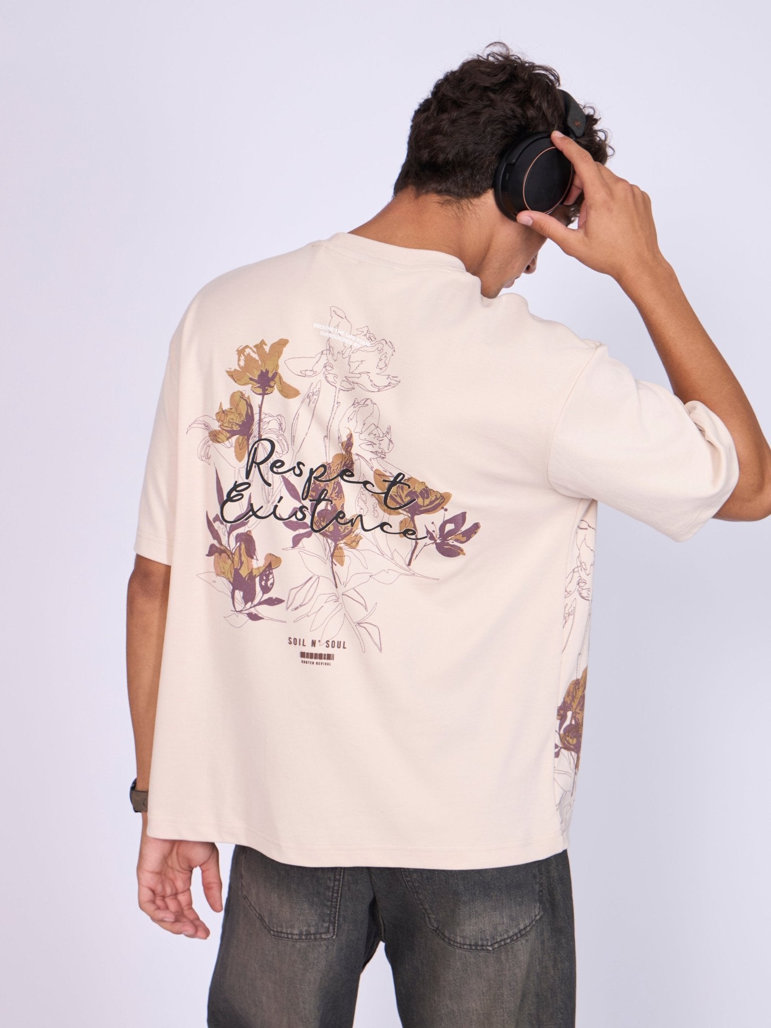 Trace - Respect Existence Printed Loose Fit T-Shirt - Cream - Espanshe