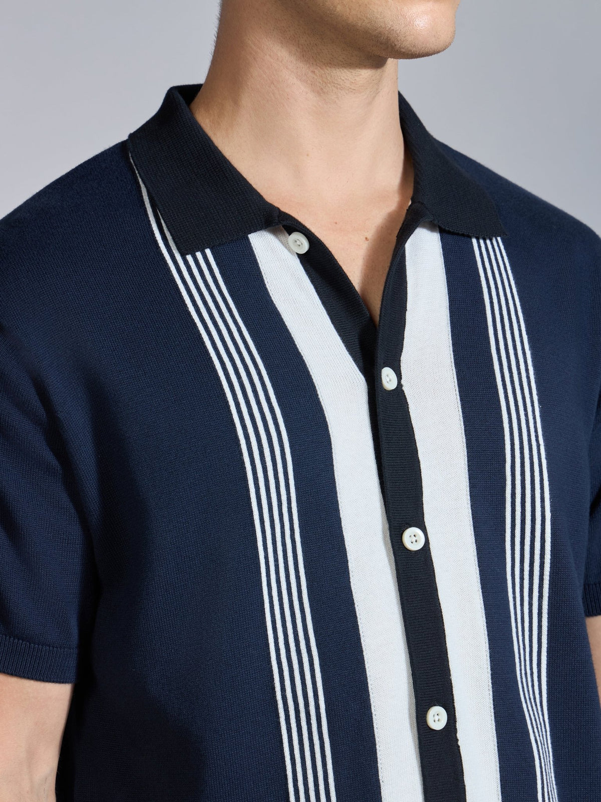 Kikeos-7 - Regular Fit Dual-Tone Retro Stripe Design Knit Polo Shirt - Navy - Espanshe