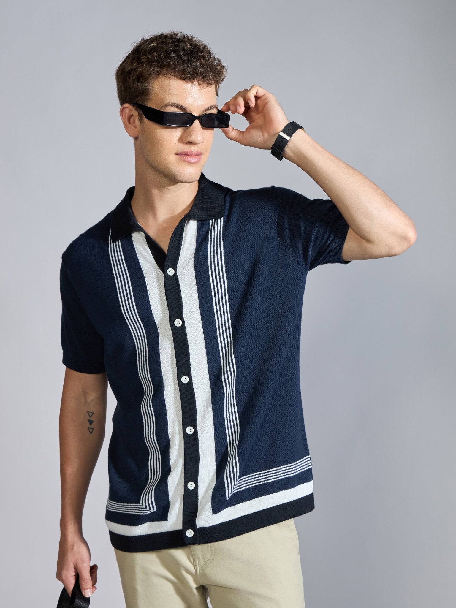 Kikeos-7 - Regular Fit Dual-Tone Retro Stripe Design Knit Polo Shirt - Navy - Espanshe