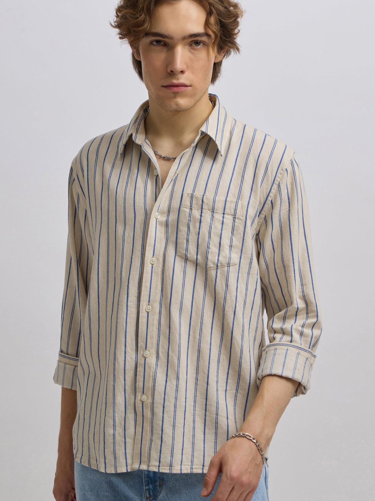 Mosty - Regular fit striped shirt - Beige Skyblue - Espanshe