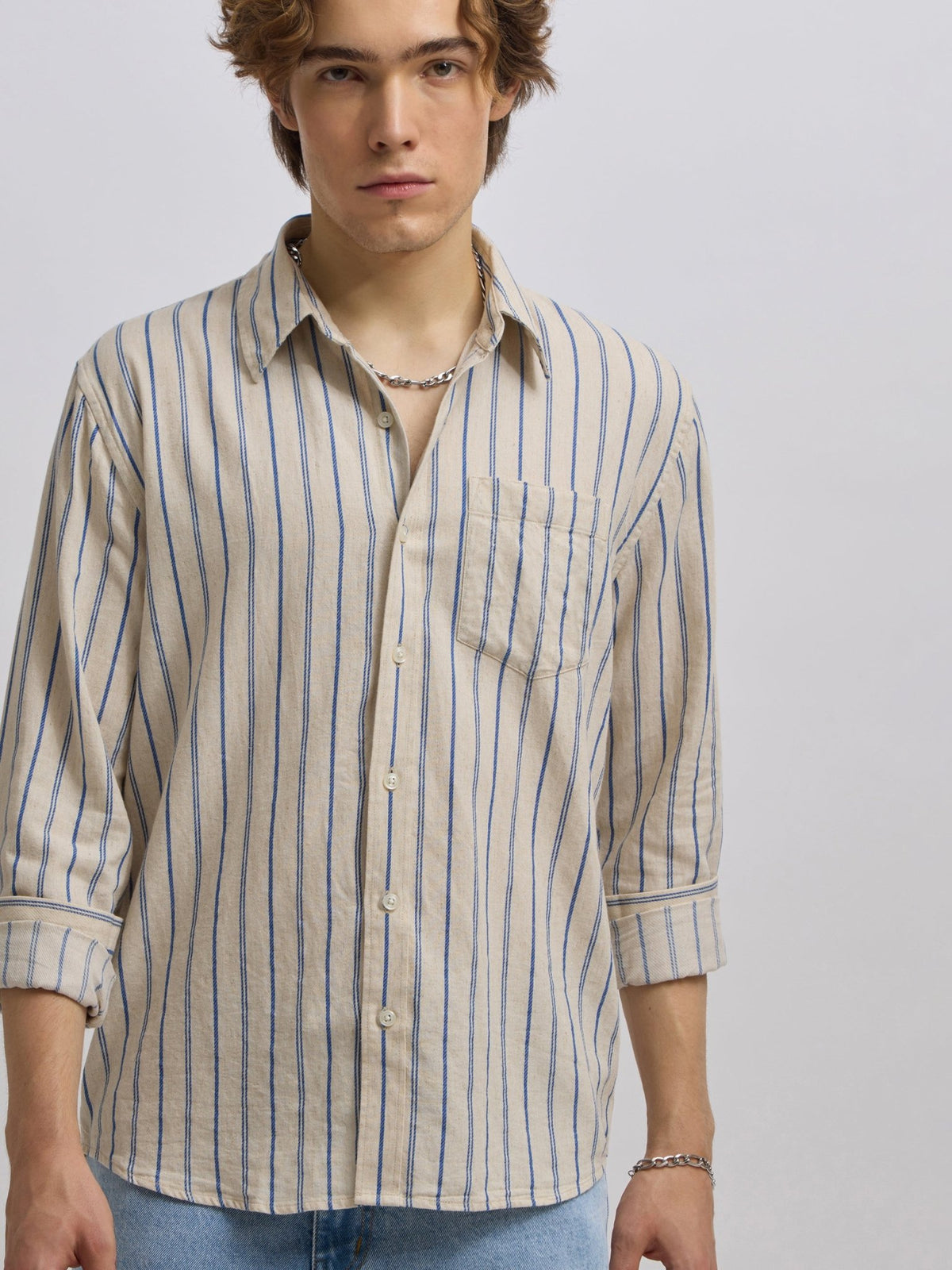 Mosty - Regular fit striped shirt - Beige Skyblue - Espanshe