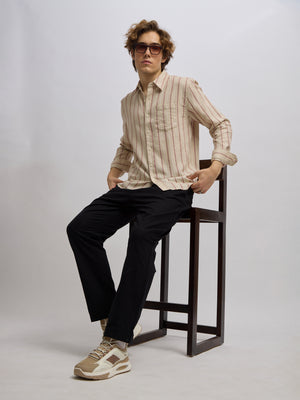 Men's beige full sleeve shirt with  vertical stripes, made from cotton and linen blend – ideal for formal and semi-formal occasions.