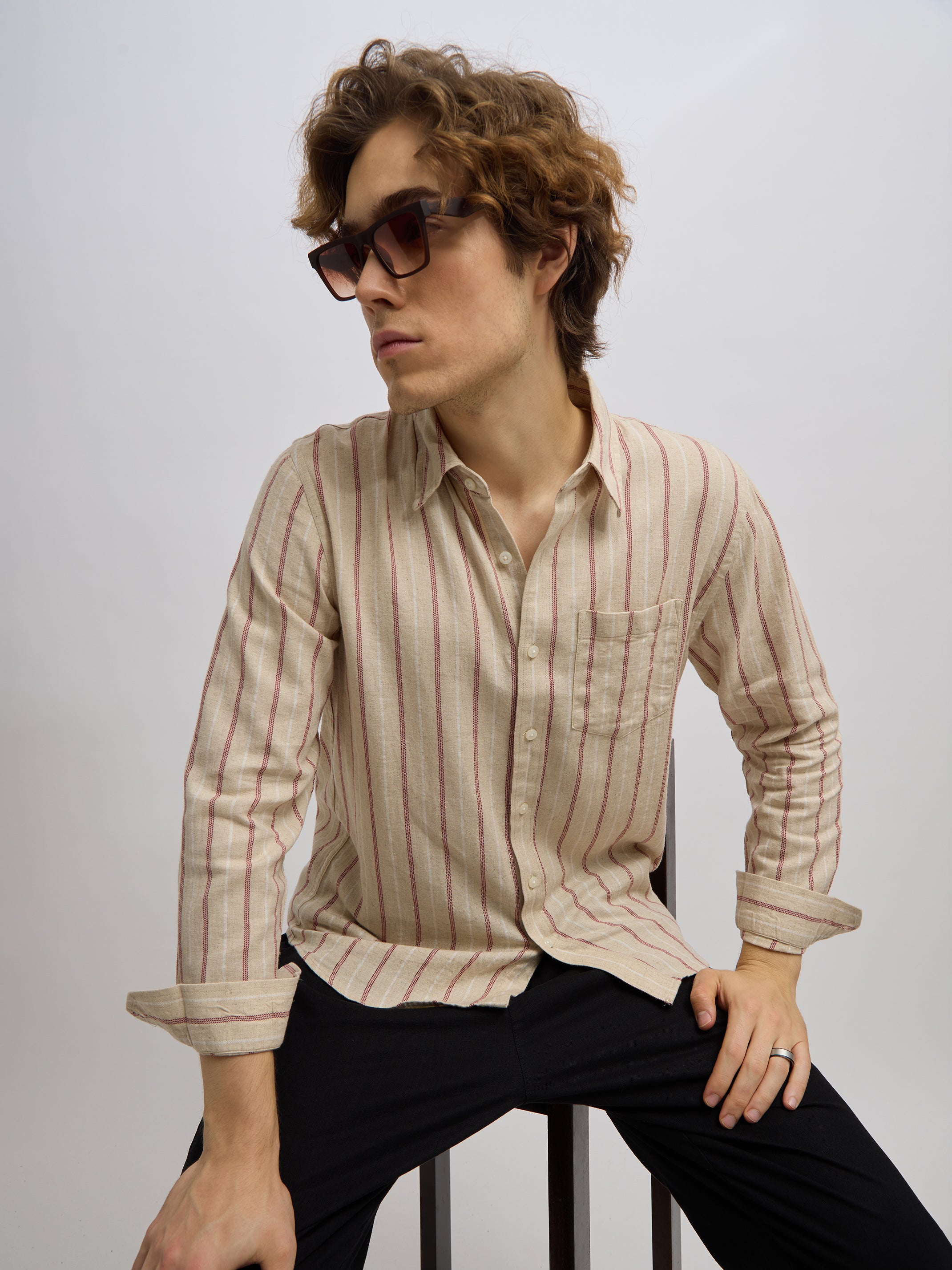 Men's beige full sleeve shirt with  vertical stripes, made from cotton and linen blend – ideal for formal and semi-formal occasions