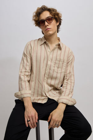 Men's beige full sleeve shirt with  vertical stripes, made from cotton and linen blend – ideal for formal and semi-formal occasions