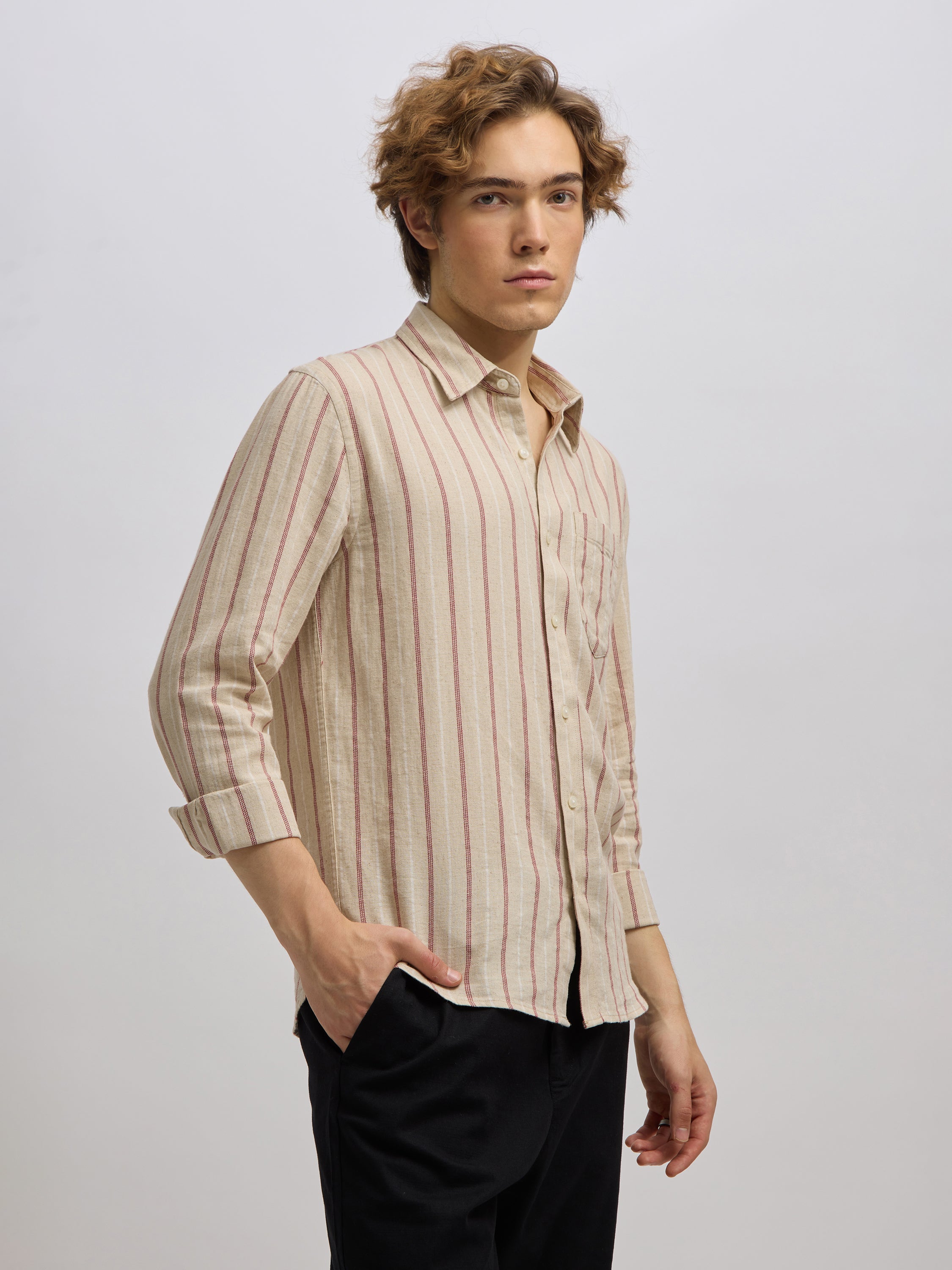 Men's beige full sleeve shirt with  vertical stripes, made from cotton and linen blend – ideal for formal and semi-formal occasions