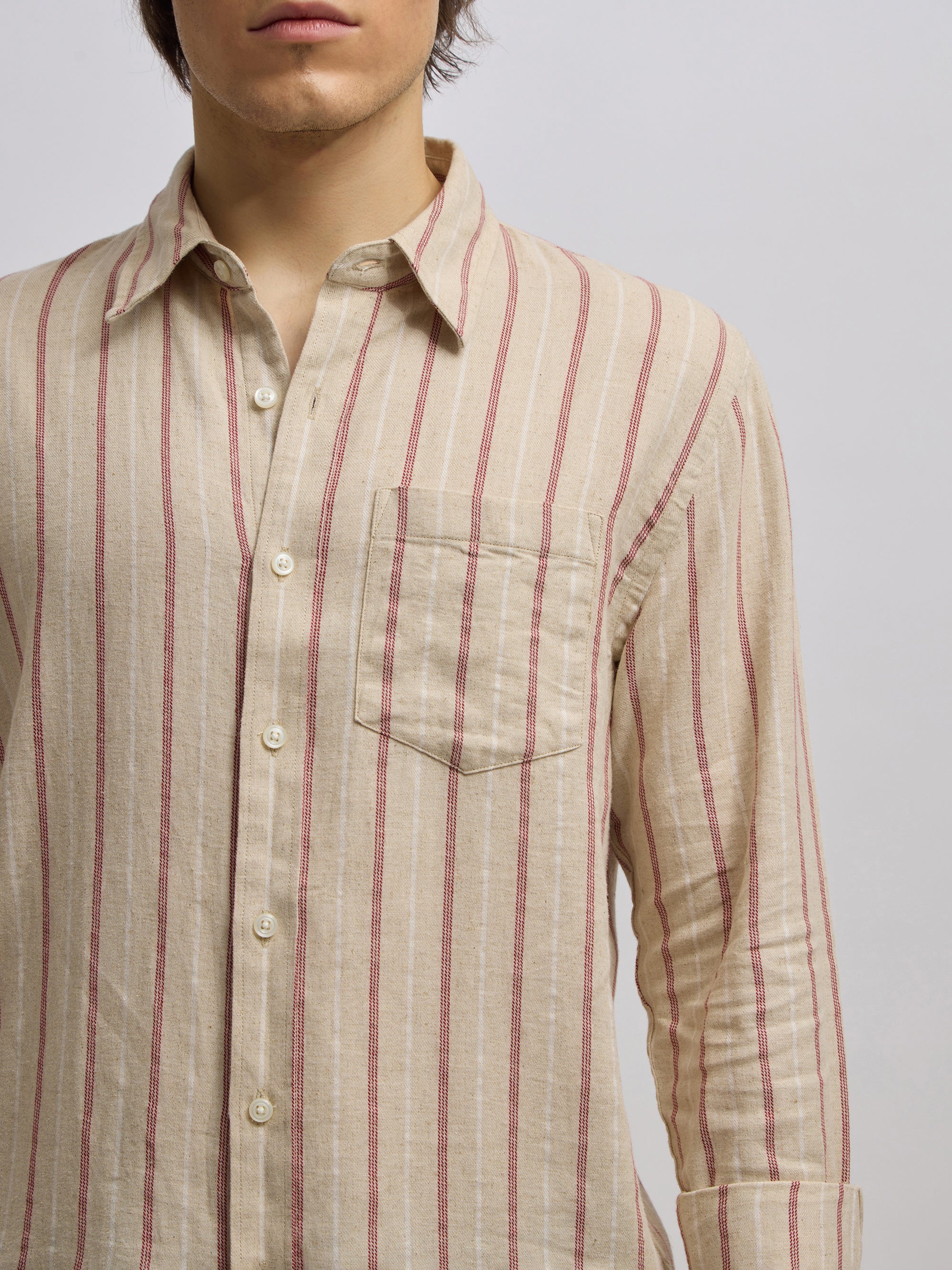 Men's beige full sleeve shirt with  vertical stripes, made from cotton and linen blend – ideal for formal and semi-formal occasions