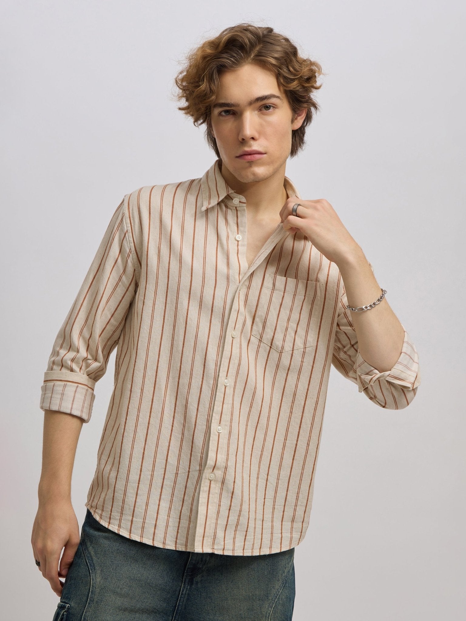 Mosty - Regular fit striped shirt - Beige Brown - Espanshe