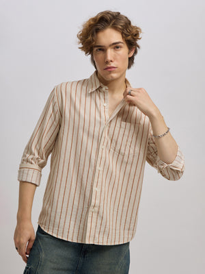 Men's beige full sleeve shirt with  vertical stripes, made from cotton and linen blend – ideal for formal and semi-formal occasions