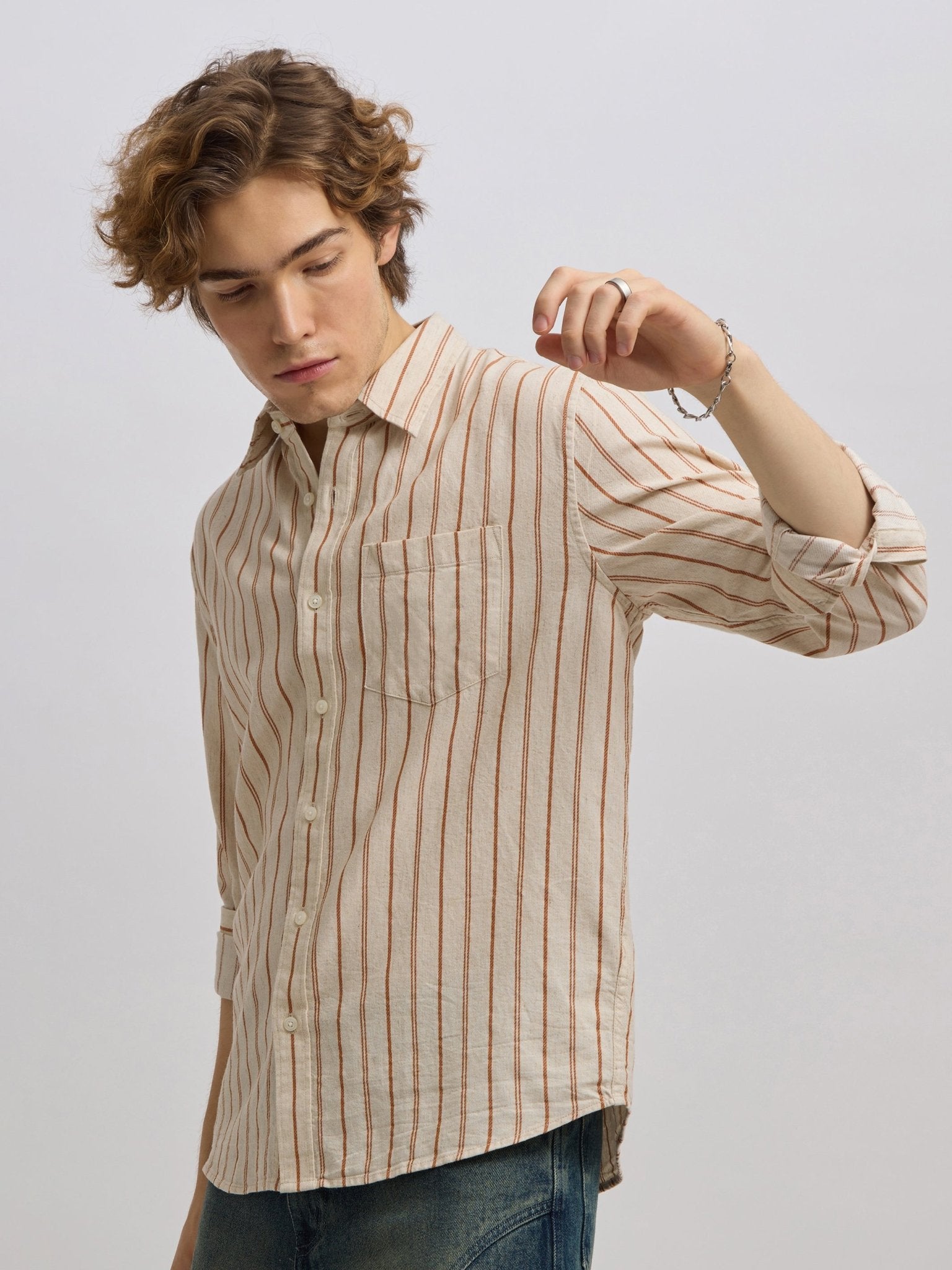Mosty - Regular fit striped shirt - Beige Brown - Espanshe