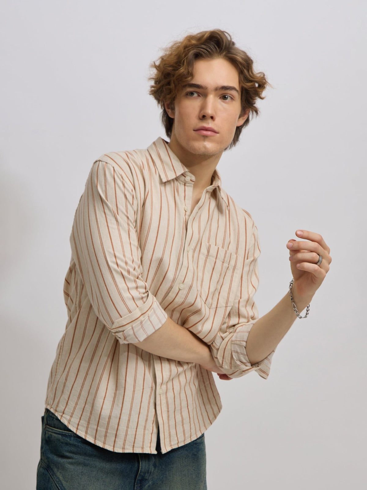 Mosty - Regular fit striped shirt - Beige Brown - Espanshe
