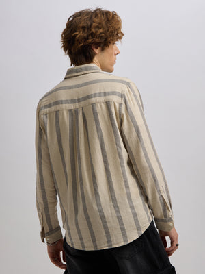 Men's navy blue full sleeve shirt with  vertical stripes, made from cotton and linen blend – ideal for formal and semi-formal occasions