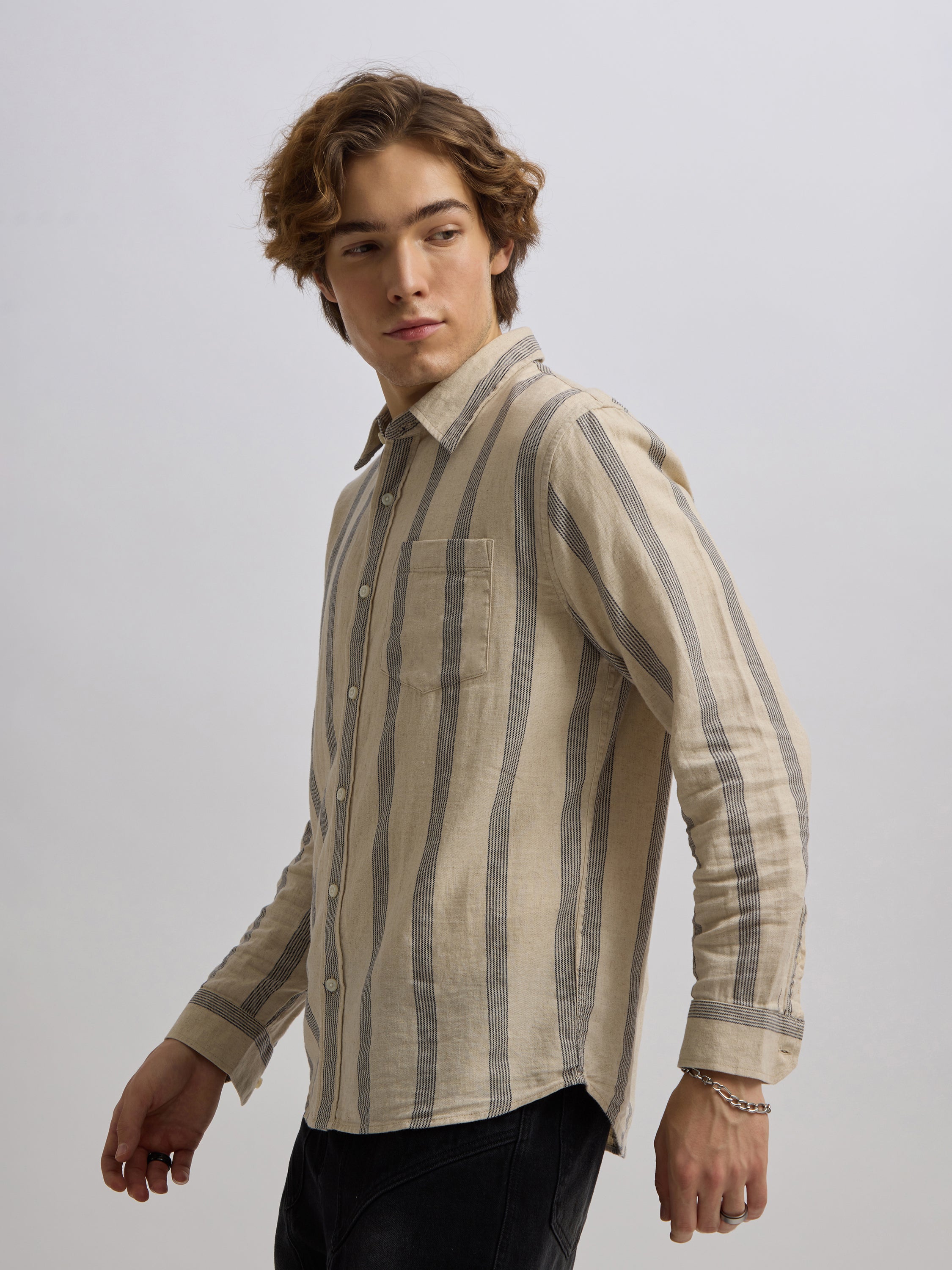 Men's navy blue full sleeve shirt with  vertical stripes, made from cotton and linen blend – ideal for formal and semi-formal occasions