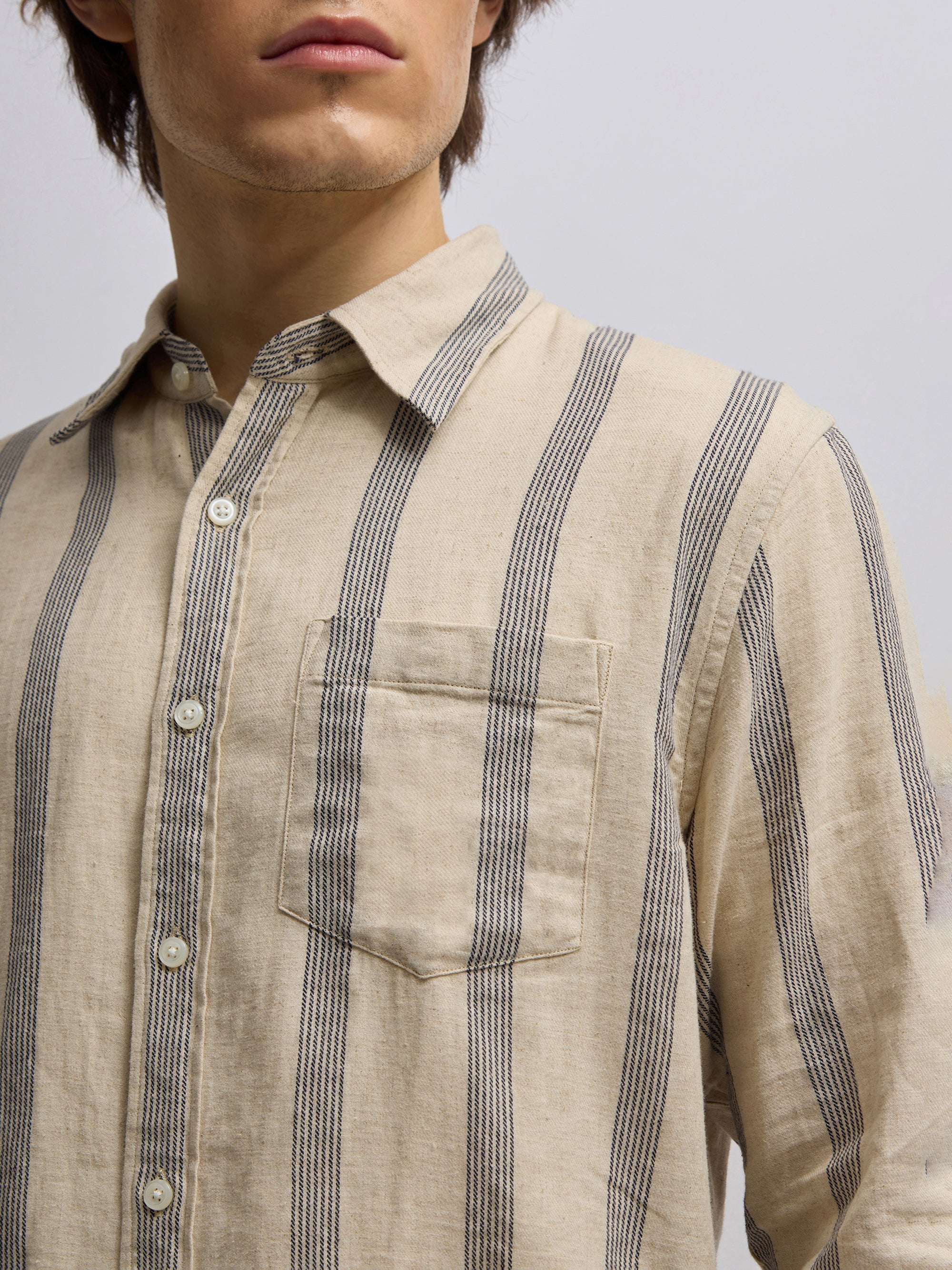 Men's navy blue full sleeve shirt with  vertical stripes, made from cotton and linen blend – ideal for formal and semi-formal occasions