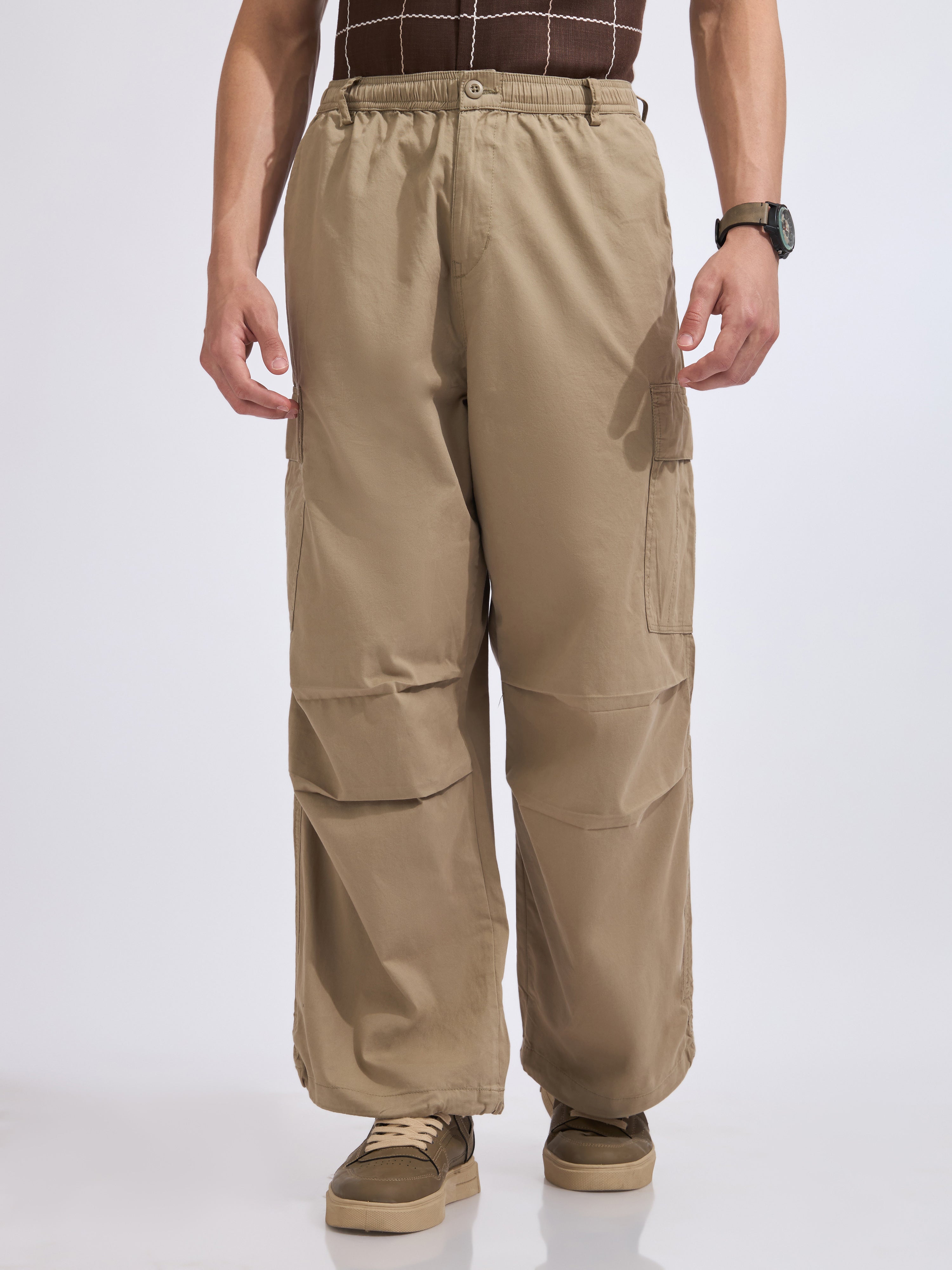 men's parachute cargo pants in chikku color