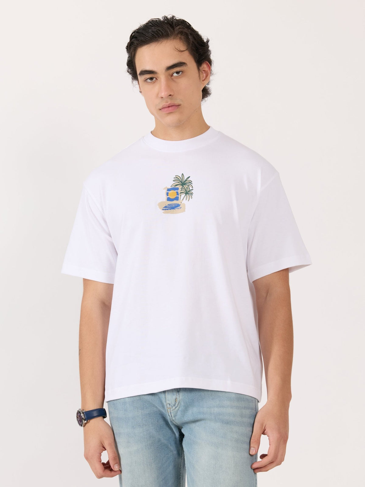 Sheldon - Tropical Sunset Graphic White Loose Fit T-Shirt - Espanshe