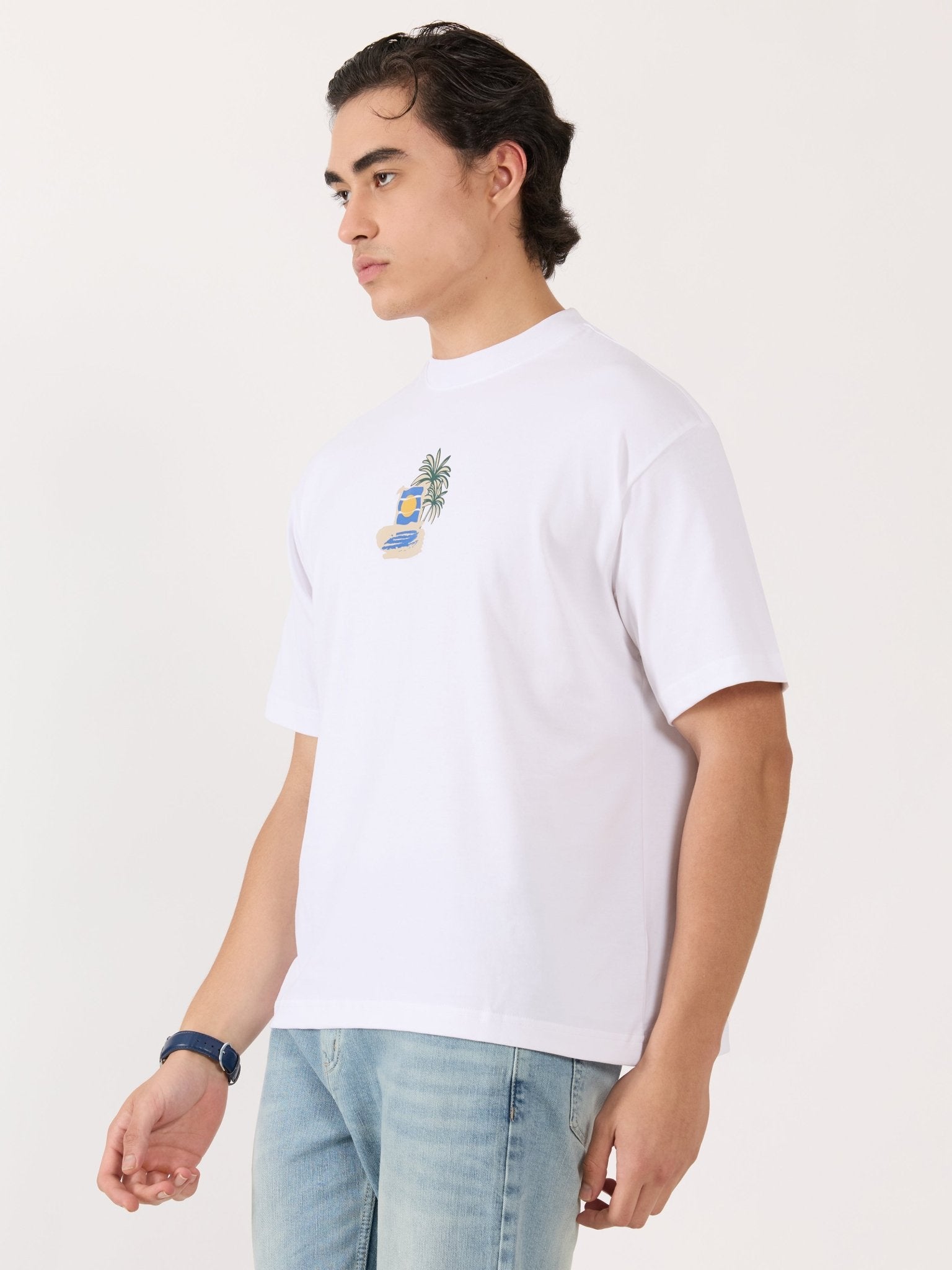 Sheldon - Tropical Sunset Graphic White Loose Fit T-Shirt - Espanshe
