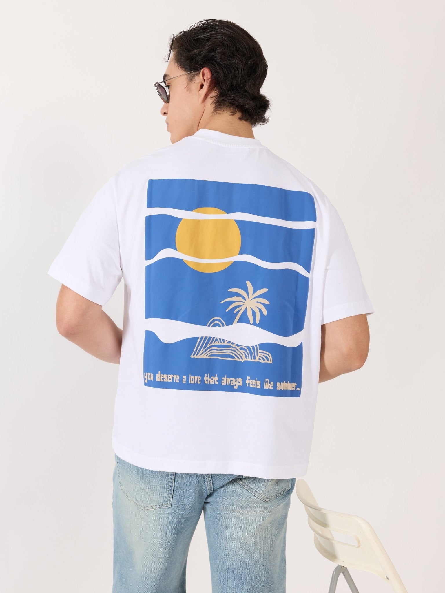 Sheldon - Tropical Sunset Graphic White Loose Fit T-Shirt - Espanshe