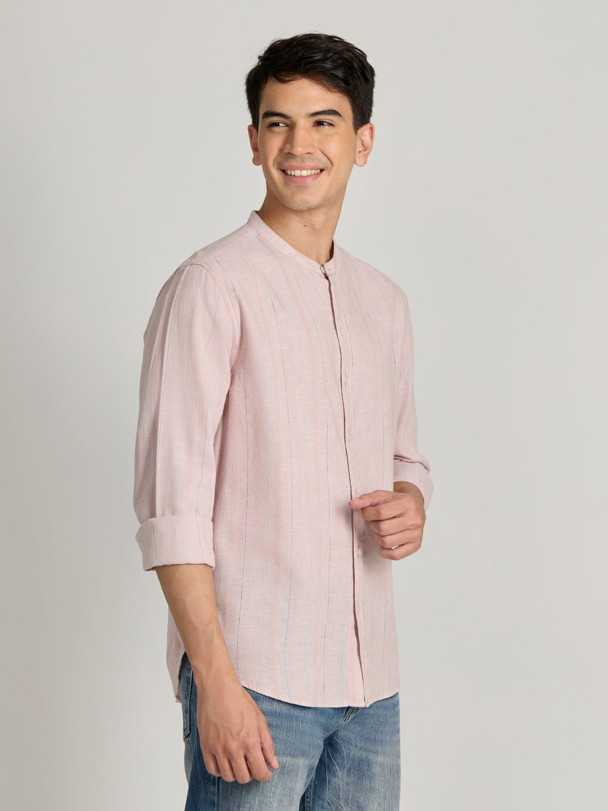 Salvator - Band Collar Striped Shirt - Light Pink - Espanshe