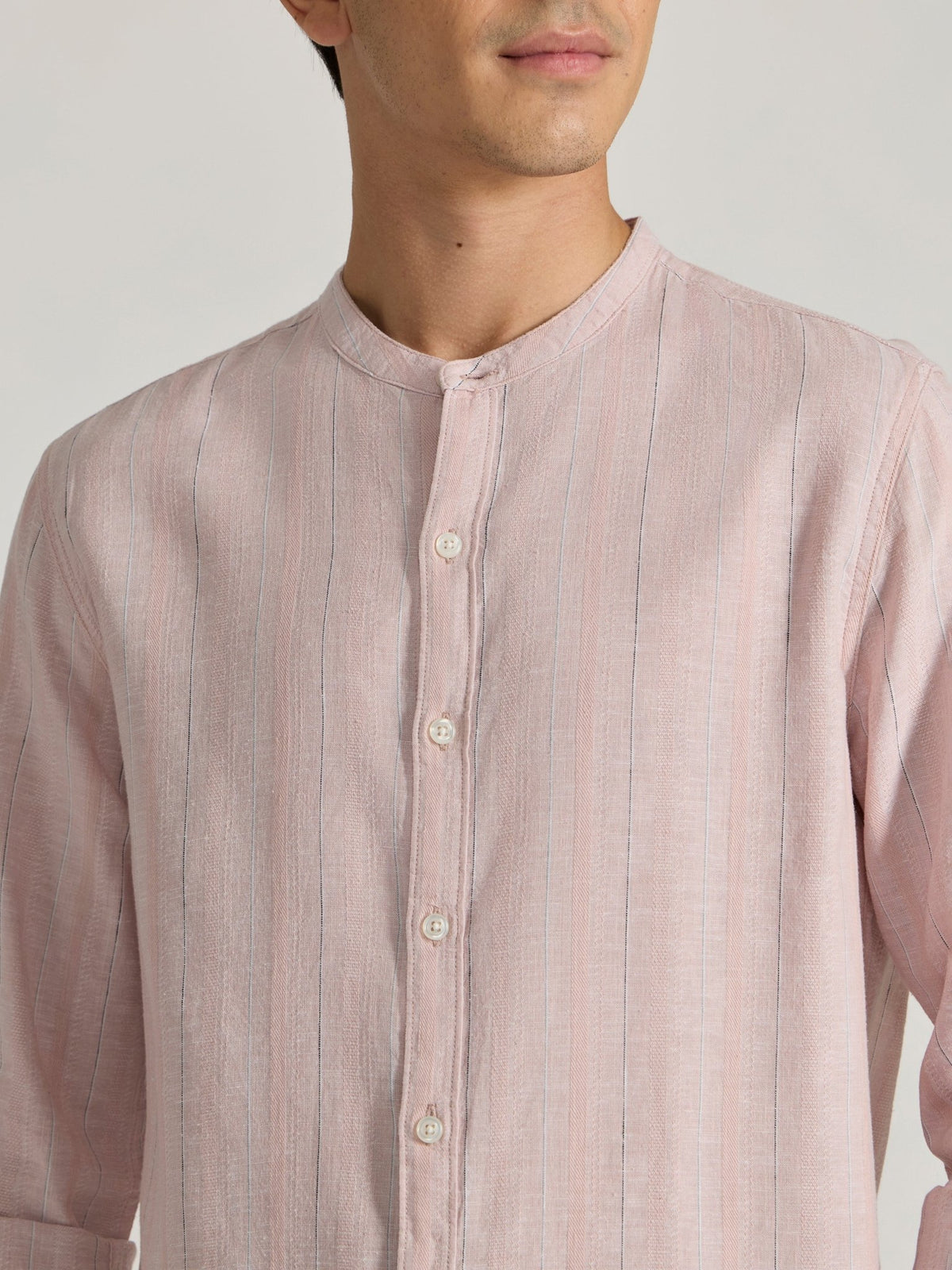 Salvator - Band Collar Striped Shirt - Light Pink - Espanshe