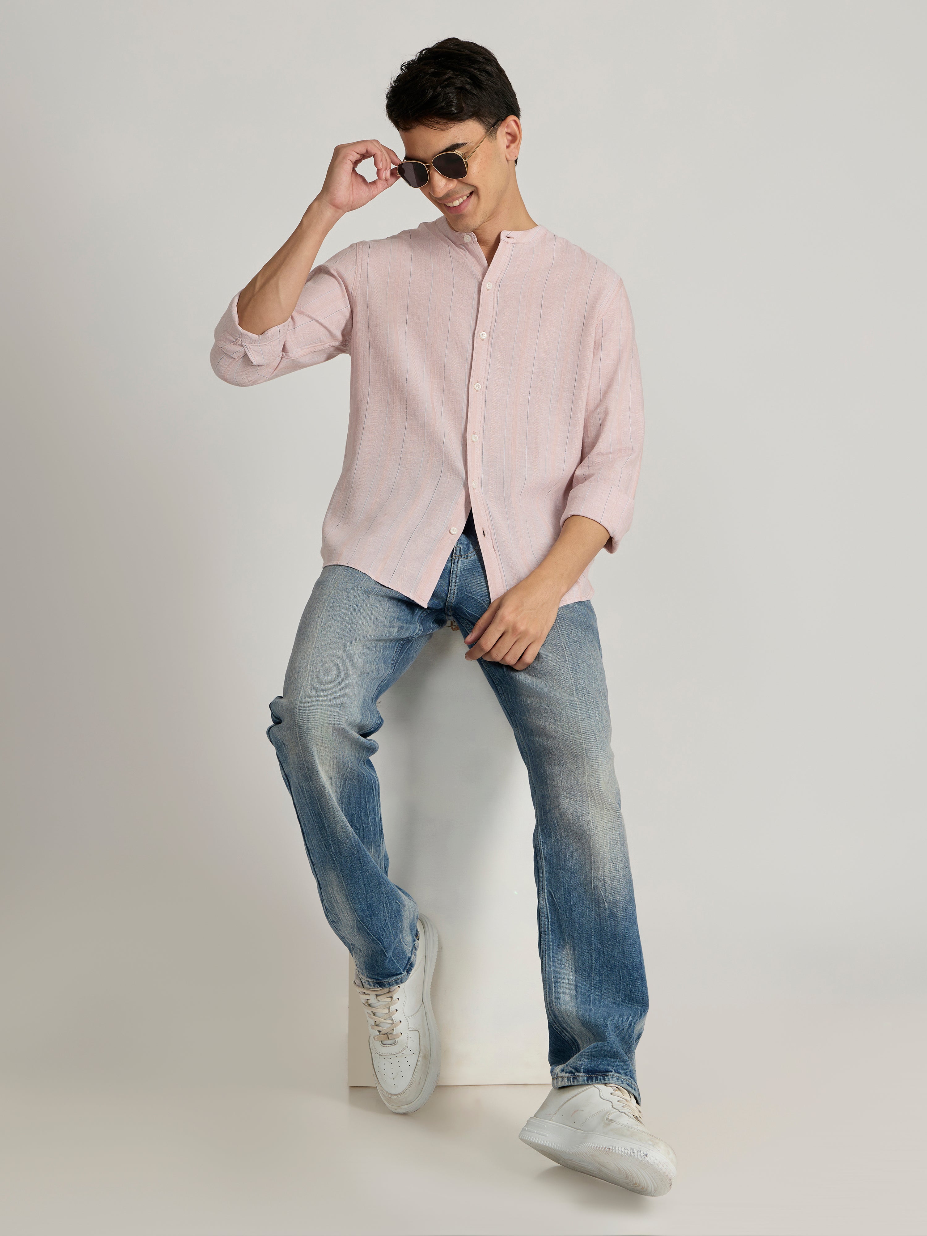 Men's Band Collar Striped Shirt in light pink