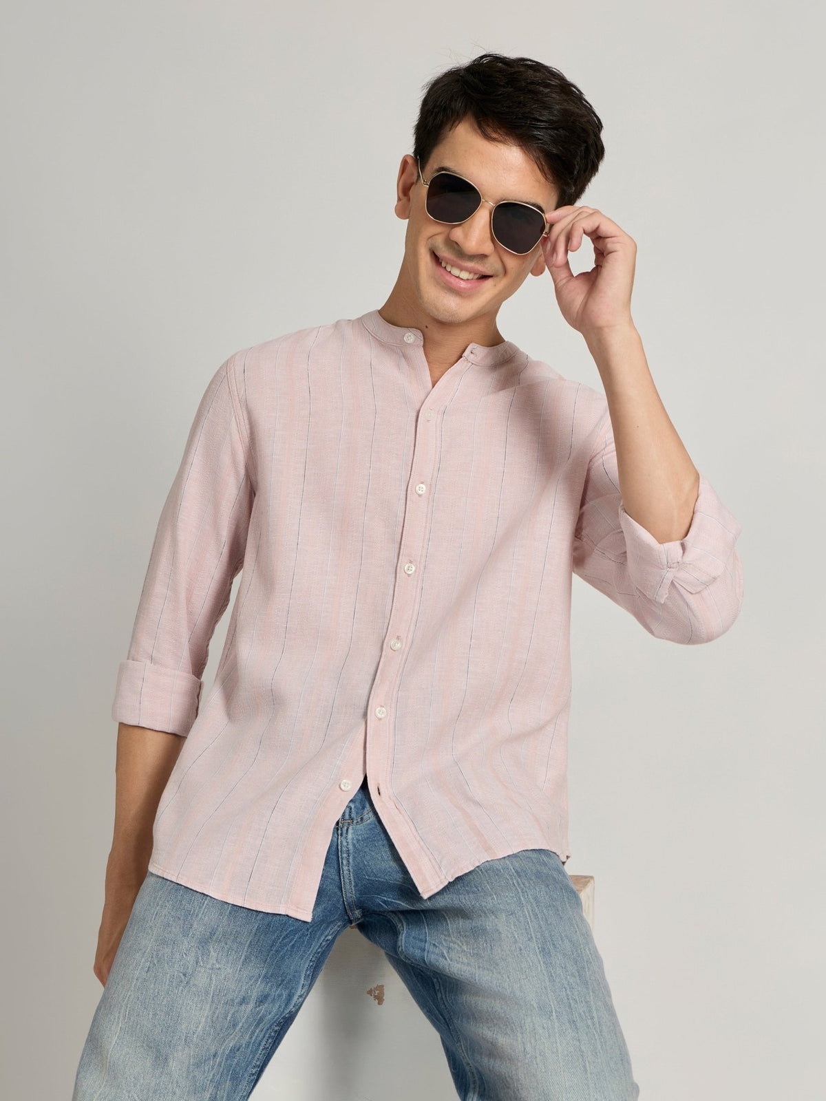 Salvator - Band Collar Striped Shirt - Light Pink - Espanshe