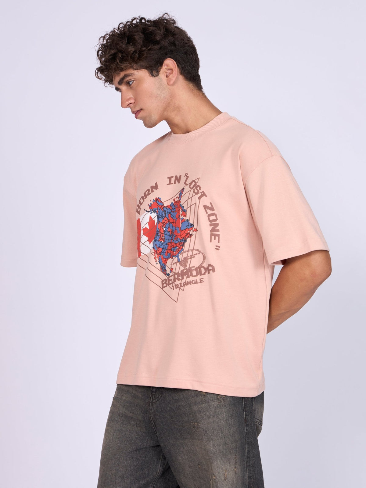 Trace - Bermuda Triangle Printed Loose Fit T-Shirt - Peach - Espanshe