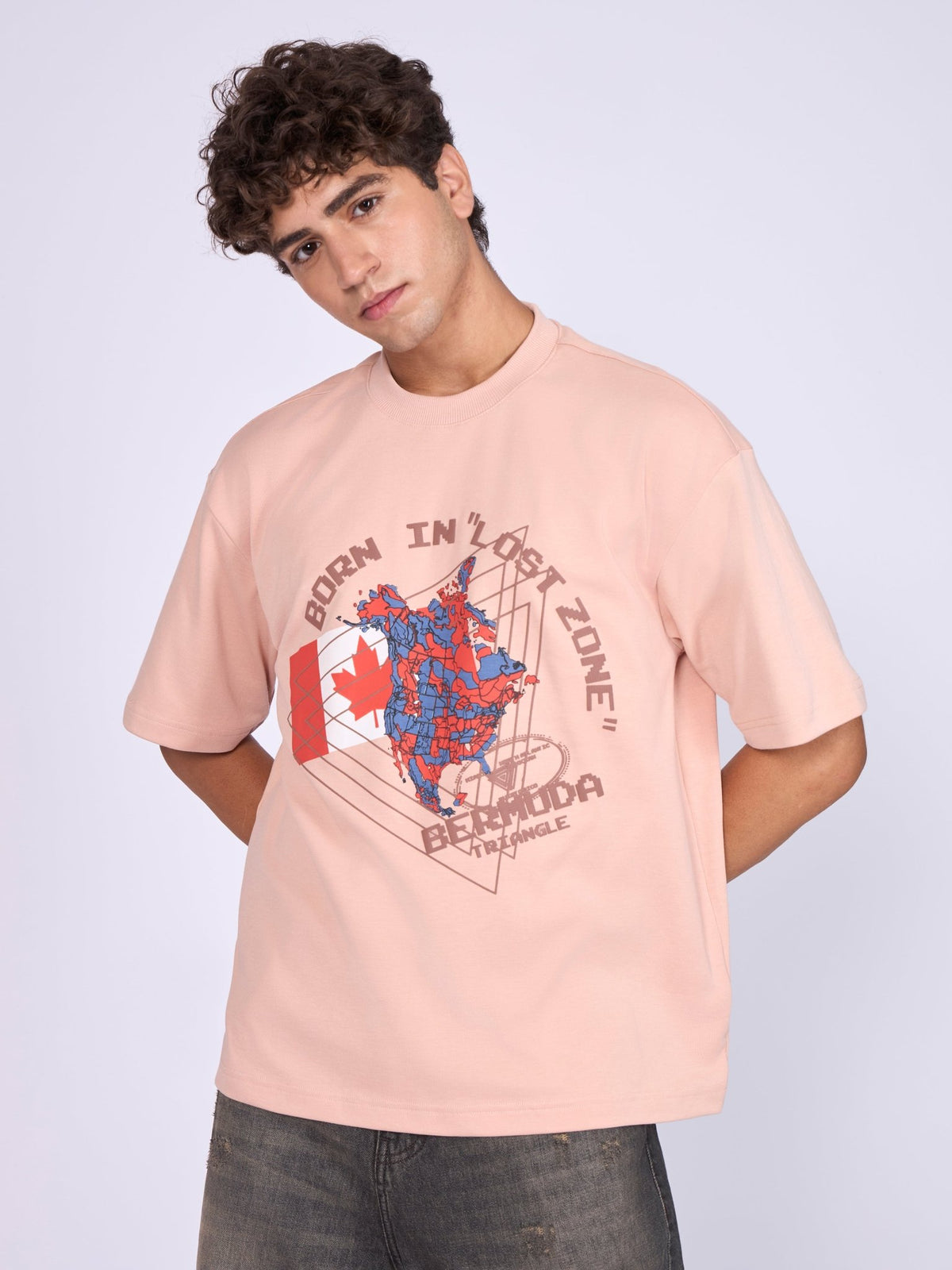 Trace - Bermuda Triangle Printed Loose Fit T-Shirt - Peach - Espanshe