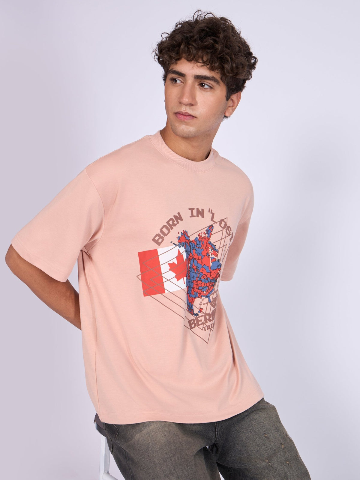 Trace - Bermuda Triangle Printed Loose Fit T-Shirt - Peach - Espanshe