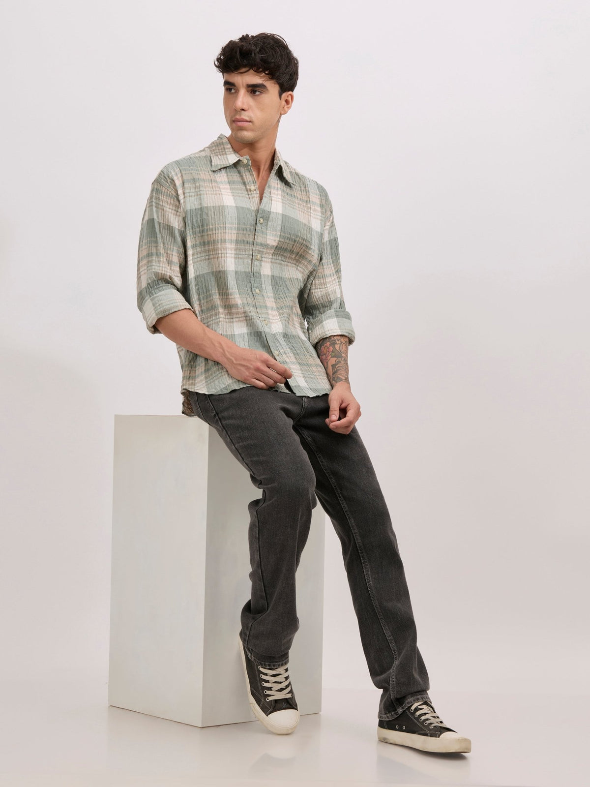 Golden Dragon - Seersucker Check Shirt - Green - Espanshe