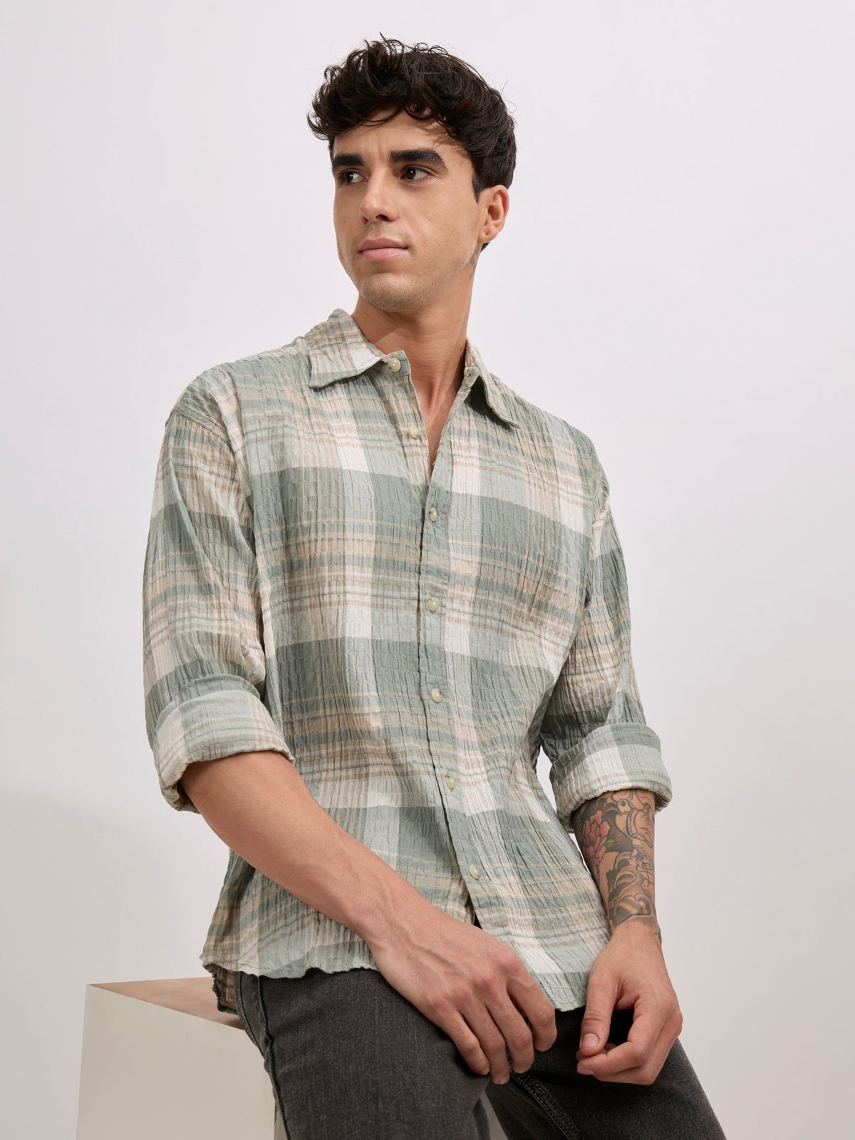 Golden Dragon - Seersucker Check Shirt - Green - Espanshe