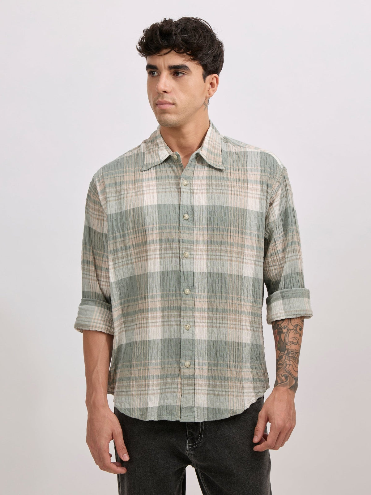 Golden Dragon - Seersucker Check Shirt - Green - Espanshe