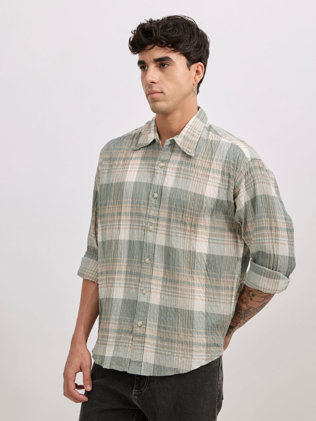 Golden Dragon - Seersucker Check Shirt - Green - Espanshe