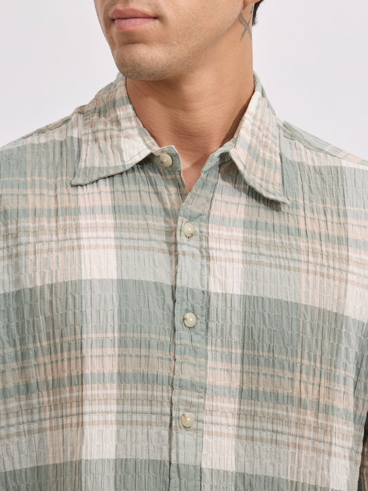 Golden Dragon - Seersucker Check Shirt - Green - Espanshe