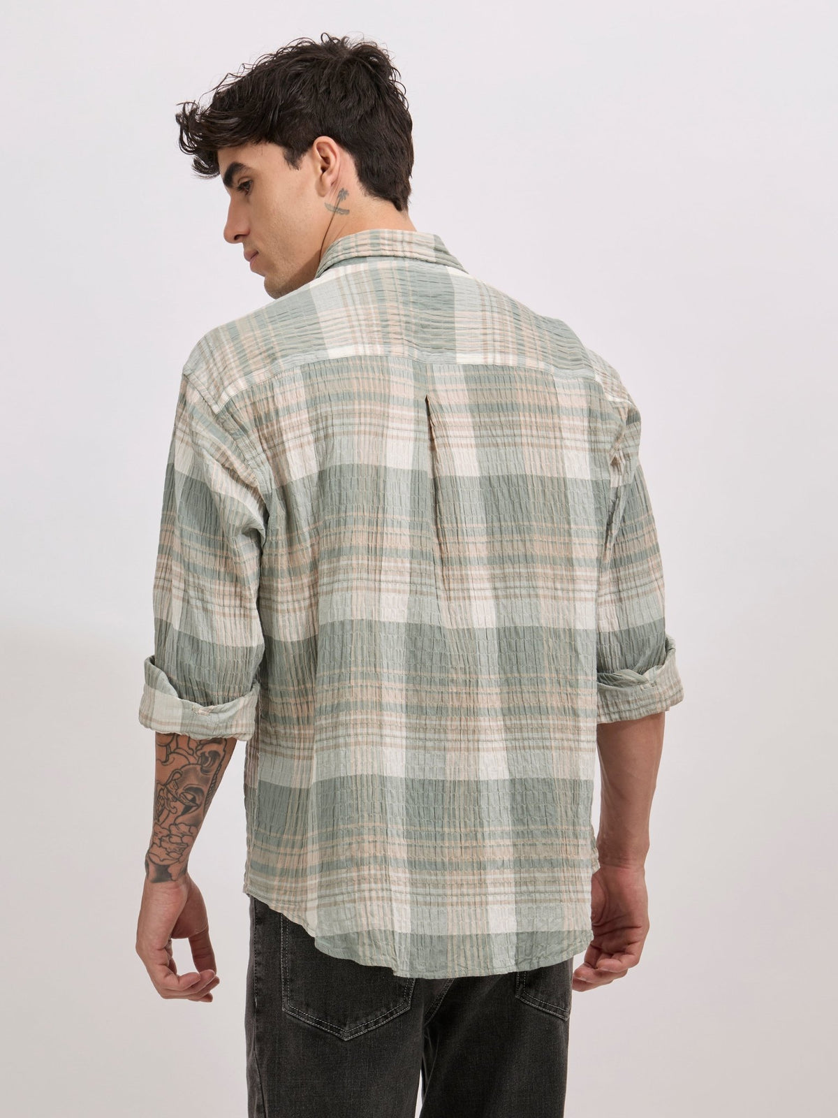 Golden Dragon - Seersucker Check Shirt - Green - Espanshe