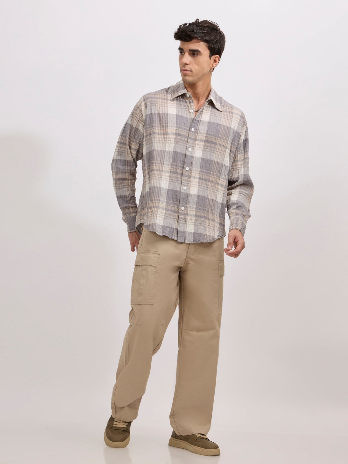 Golden Dragon - Seersucker Check Shirt - Grey - Espanshe