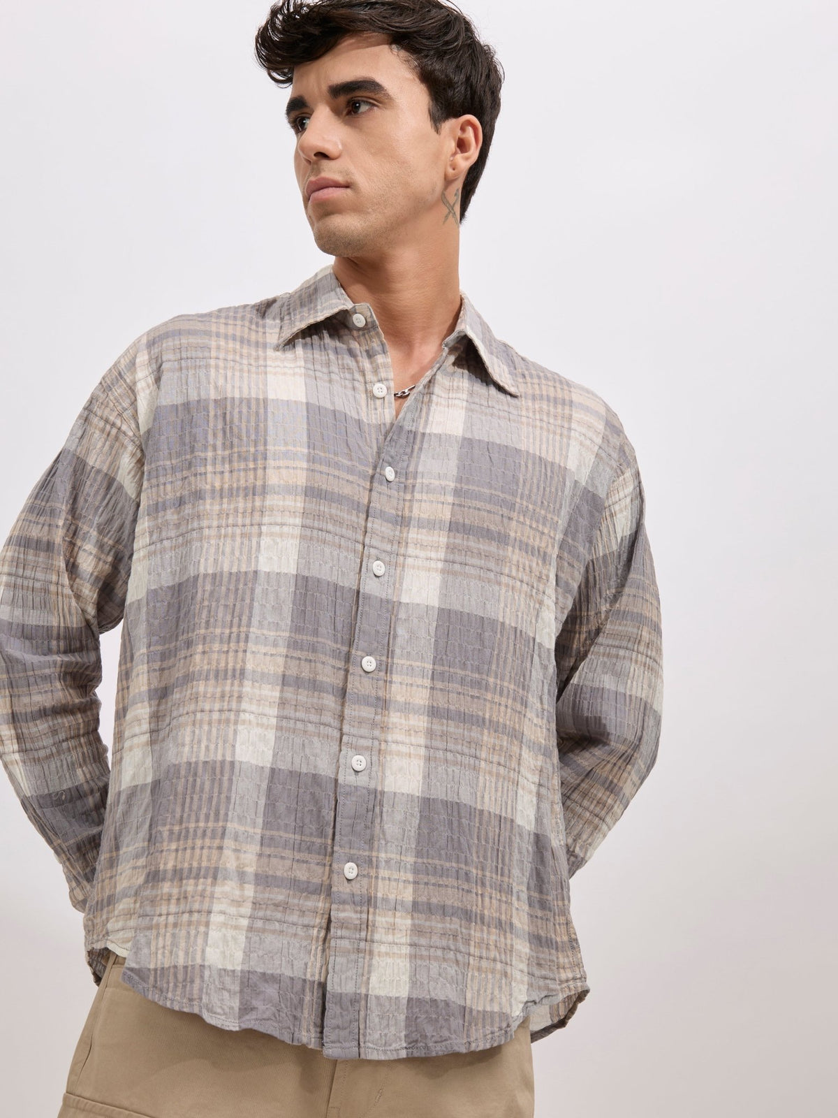 Golden Dragon - Seersucker Check Shirt - Grey - Espanshe