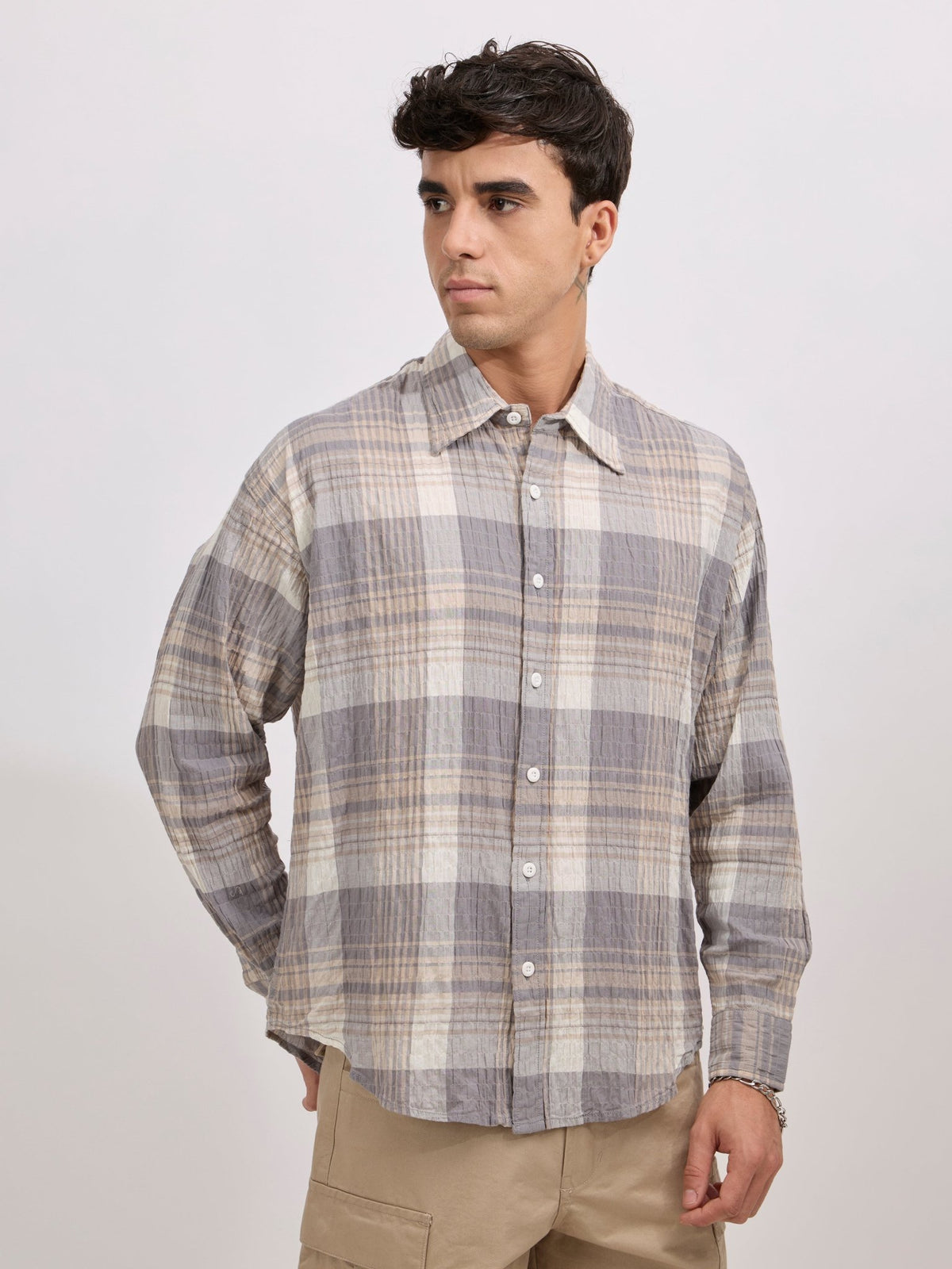 Golden Dragon - Seersucker Check Shirt - Grey - Espanshe