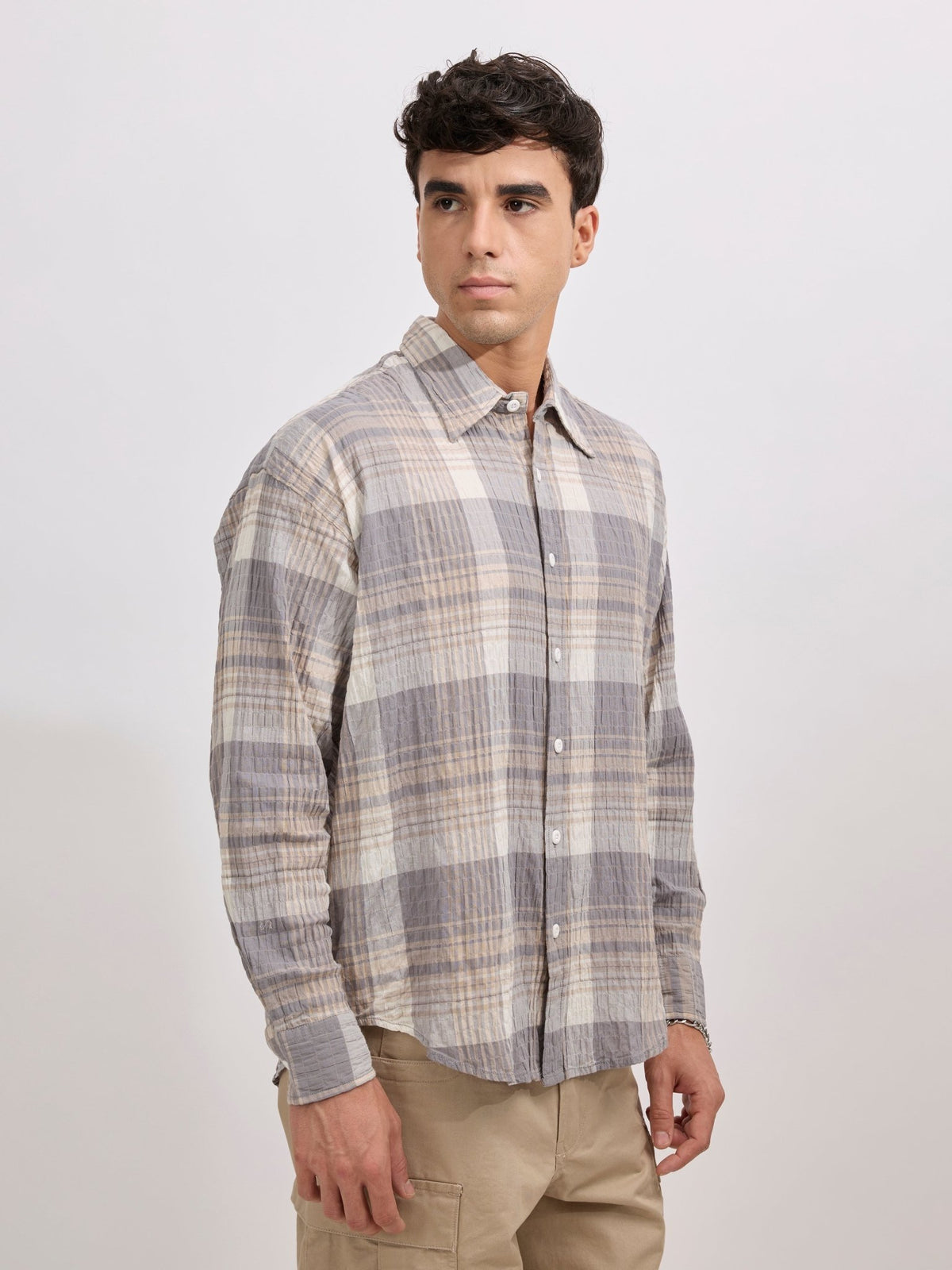 Golden Dragon - Seersucker Check Shirt - Grey - Espanshe