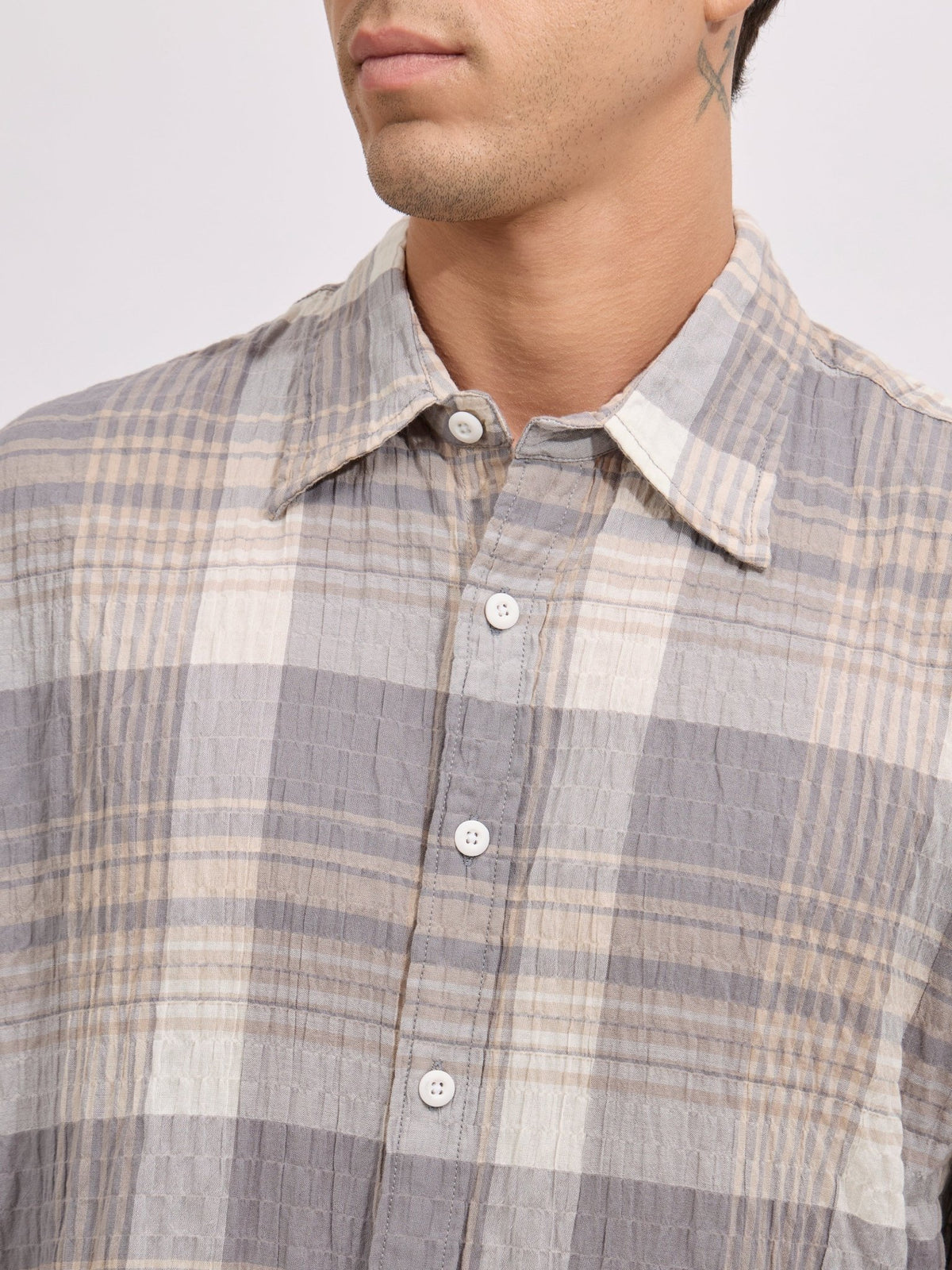 Golden Dragon - Seersucker Check Shirt - Grey - Espanshe