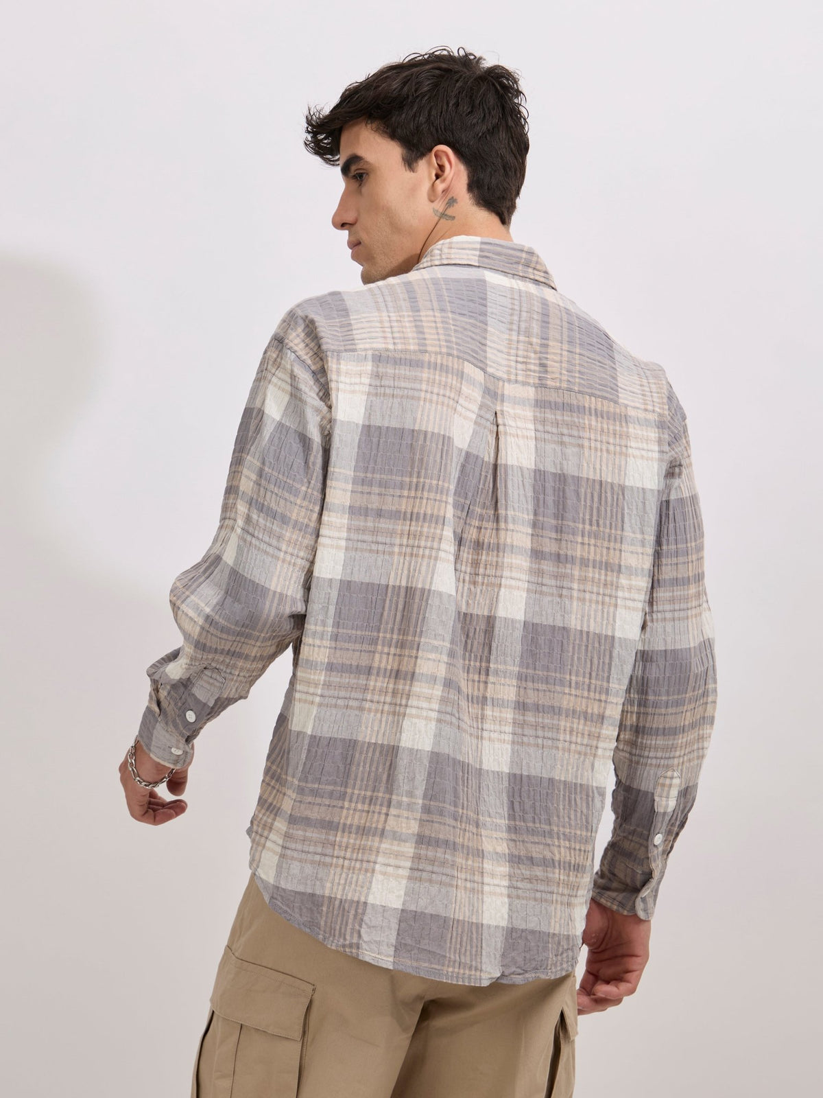 Golden Dragon - Seersucker Check Shirt - Grey - Espanshe